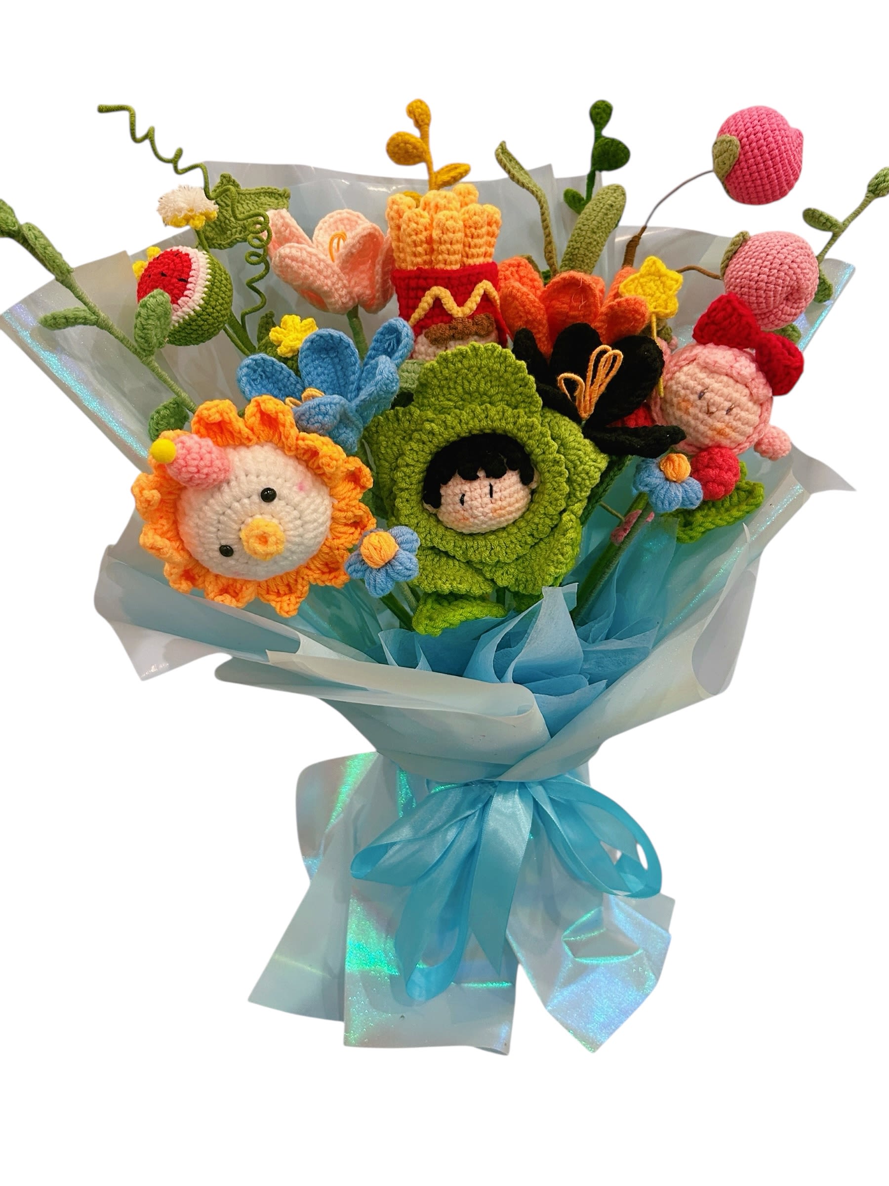 Handmade Crochet Flower Bouquet – Colorful Cute Gift  - A lively handmade crochet bouquet filled with cheerful cartoon and animal dolls in bright blue, green, and orange tones. Wrapped in shiny aqua paper, this playful arrangement brings joy and color to any celebration.