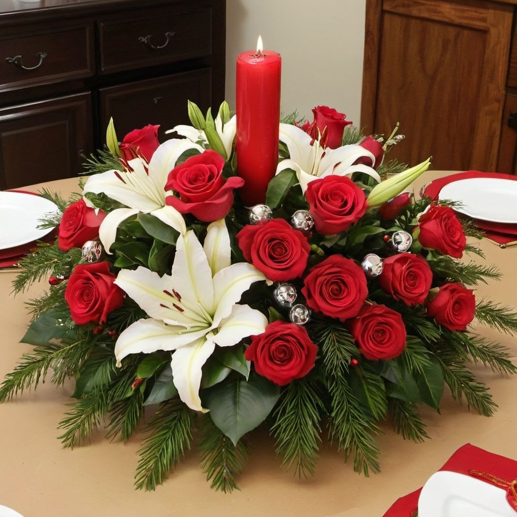 Crimson Rose and Lily Noel Centerpiece by Twigs and Blooms - Infuse your holiday celebrations with the timeless beauty of our Crimson Rose and Lily Noel Centerpiece. This enchanting centerpiece boasts a harmonious blend of crimson roses and lilies, creating a vibrant and festive focal point for your Christmas gatherings. The rich and elegant combination of flowers evokes the joyful spirit of the season, making this centerpiece a stunning addition to your holiday decor, whether displayed on a dining table or as a charming accent elsewhere in your home