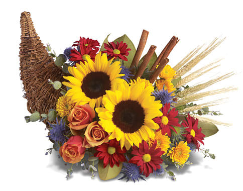 Thankful Cornucopia - Capture the essence of gratitude and abundance with our Thanksgiving-themed Cornucopia. Overflowing with an array of seasonal blooms, foliage, and natural elements, this exquisite arrangement serves as a stunning centerpiece or heartfelt gift for the holiday season.  