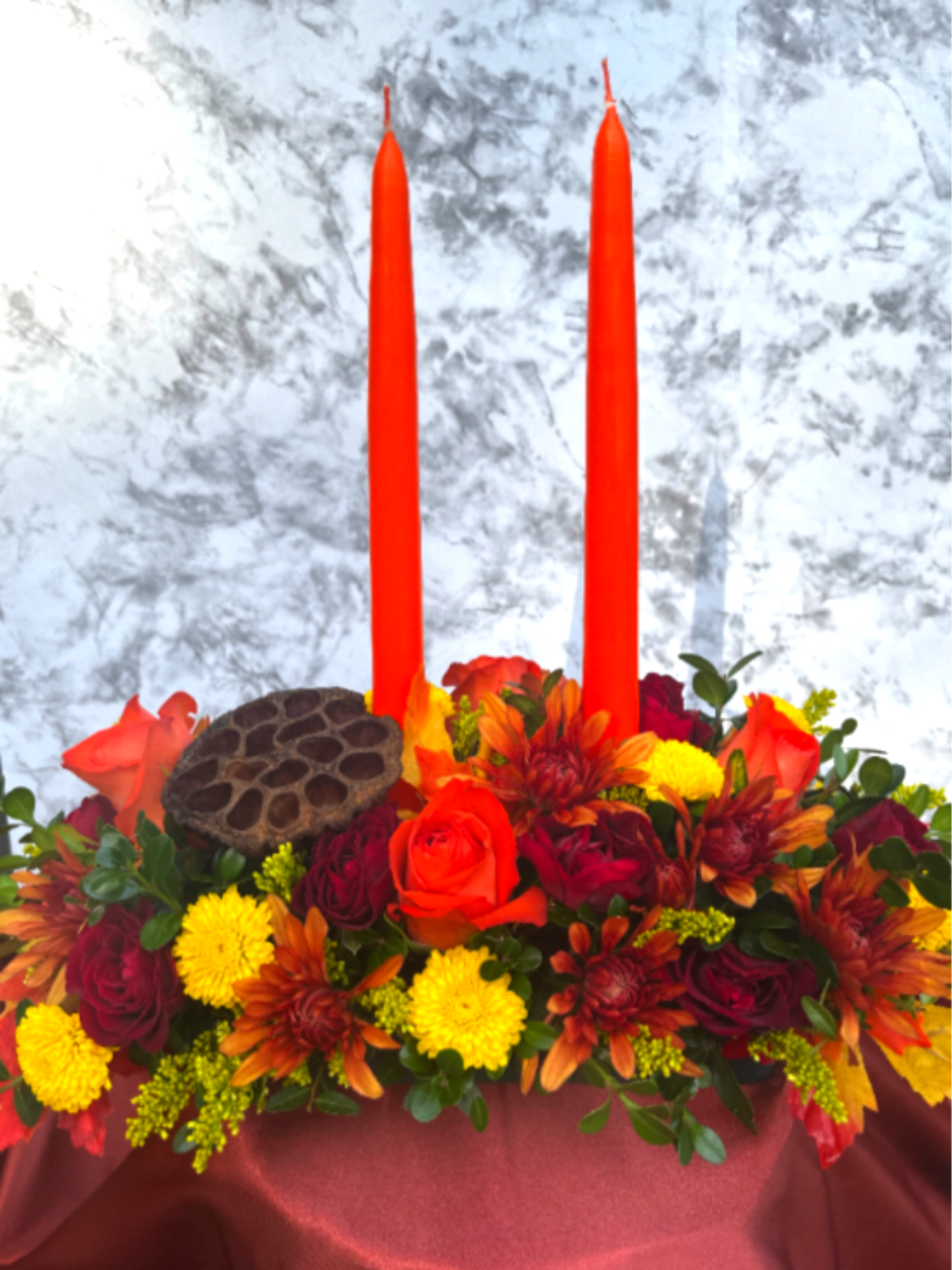 Autumn haze Centerpiece  - This fall centerpiece is full of beautiful fall flowers. this arrangement is great for party's, Thanksgiving dinner or any fall events. 