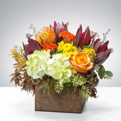 The Bryant Arrangement - This autumn box arrangement delivers happiness in the form of fall flowers. Order one today!
