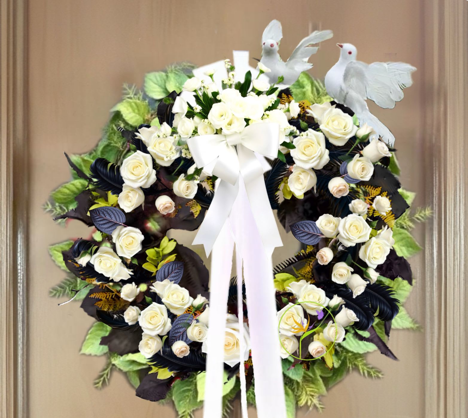 Two White Doves. A Floral Archist™ Original. - Reaching the stage of purity represented by  pure white spray roses, ribbons in the sky and two white doves as they nest on  dark background which will be no more….. the prefect rest!   Handcrafted18 to 22 inches diameter. 24 hours notice preferred.  NOTE: Our flowers and greens are a gift from nature. It’s shade and depth might vary, design, aesthetic and value remains the same. In support of our efforts to aide in the preservation of our planet, PJf uses Fair Trade flowers, Plants, Upcycled and Recycled containers.