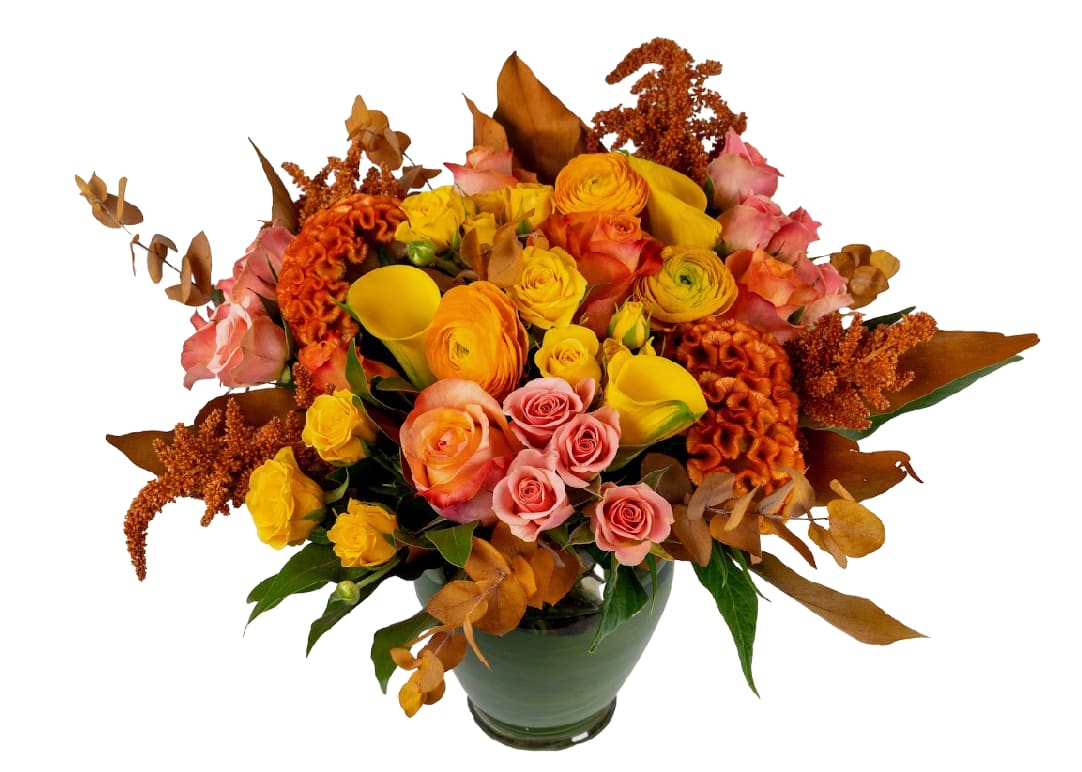 Fall Harvest - Roses, calla lilies, spray roses, celosia, ranunculus and more designed round, in a glass vase.