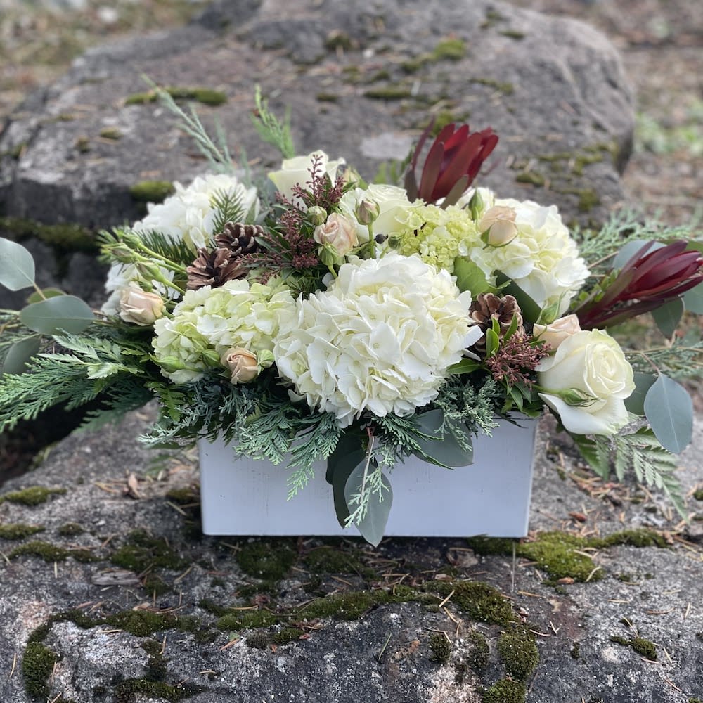 Warmth and Comfort Centerpiece - Great assortment of ivory and blush with just a touch of Burgundy.