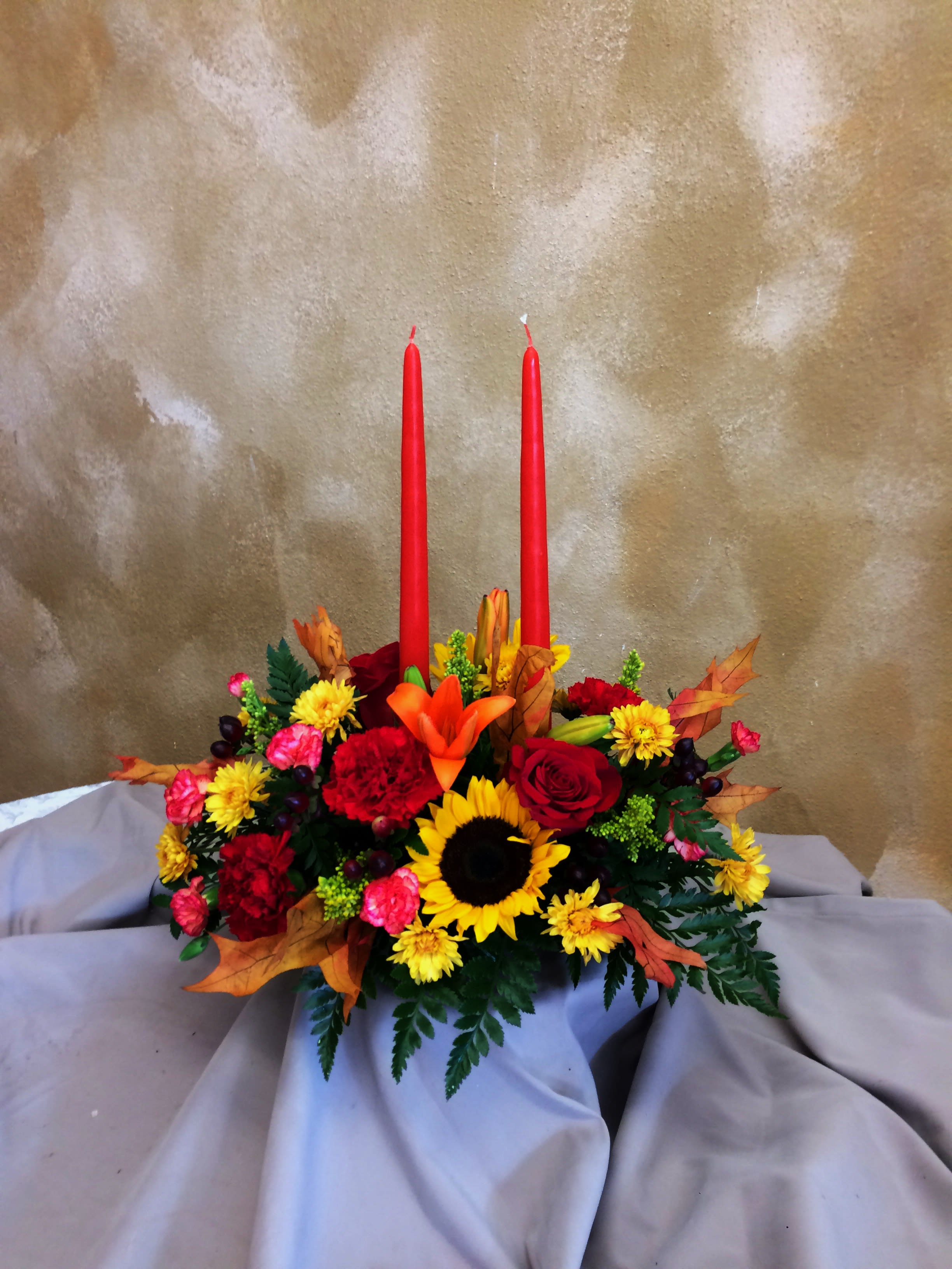 Traditional Thanksgiving Centerpiece with 2 Candles - Light up any Thanksgiving table with a beautifully designed candle table centerpiece, in oranges, reds and yellows. approx. 15&quot; tall and 15&quot; long.  
