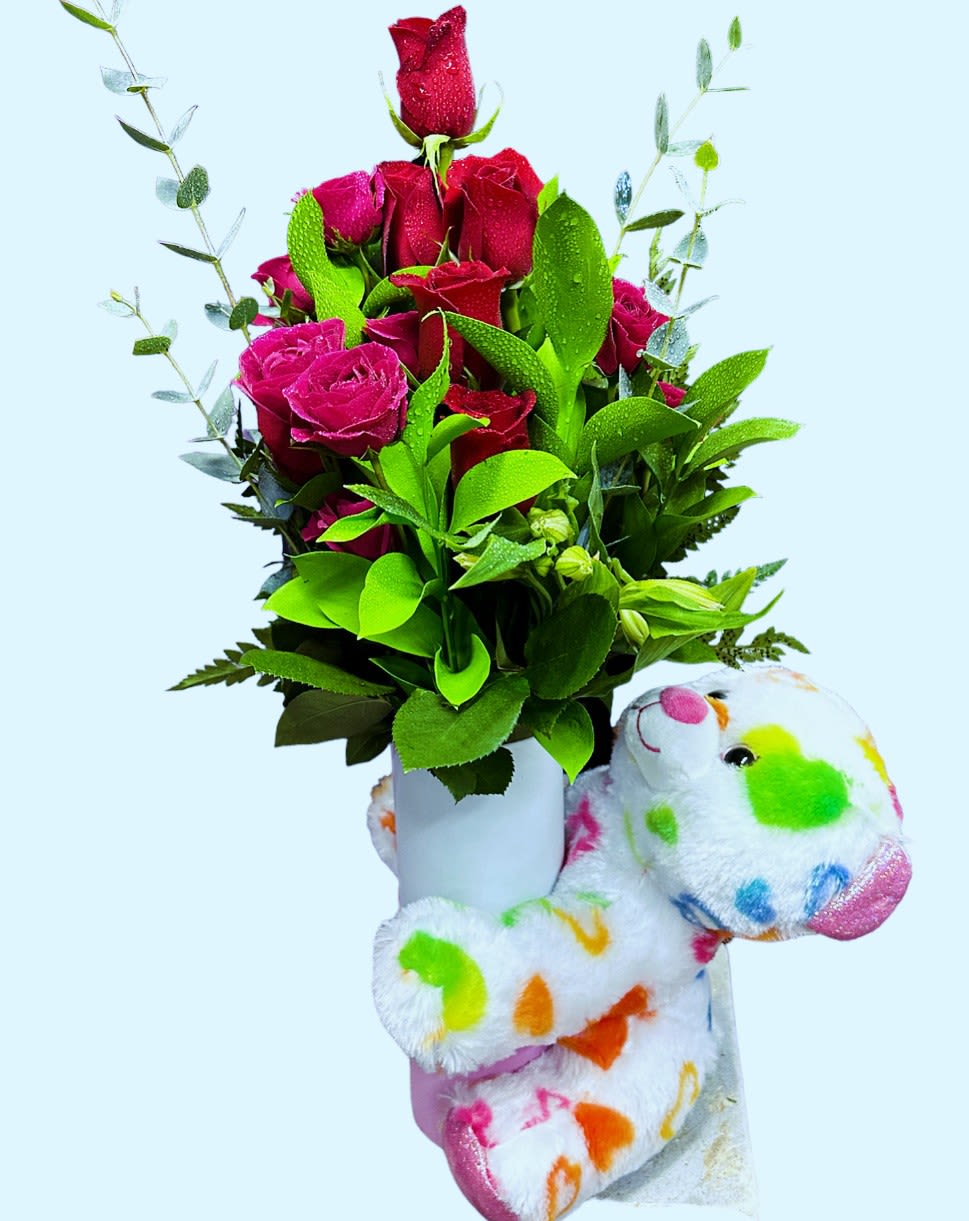 daydream bouquet, teddy bear  - just like a daydream. our delightful red and pink bouquet designed in vintage pressed glass with a teddy bear ( teddy bear it may be different from picture)