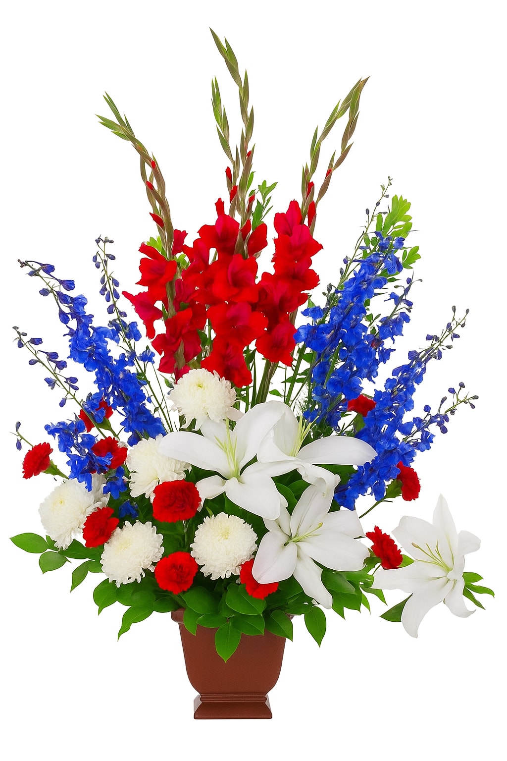 Memorial Day - A dazzling display of patriotic red, white and blue flowers sends a silent yet poignant statement about hope, freedom and the strength to endure. This proud front facing bouquet is a testament to life that is sure to be appreciated.