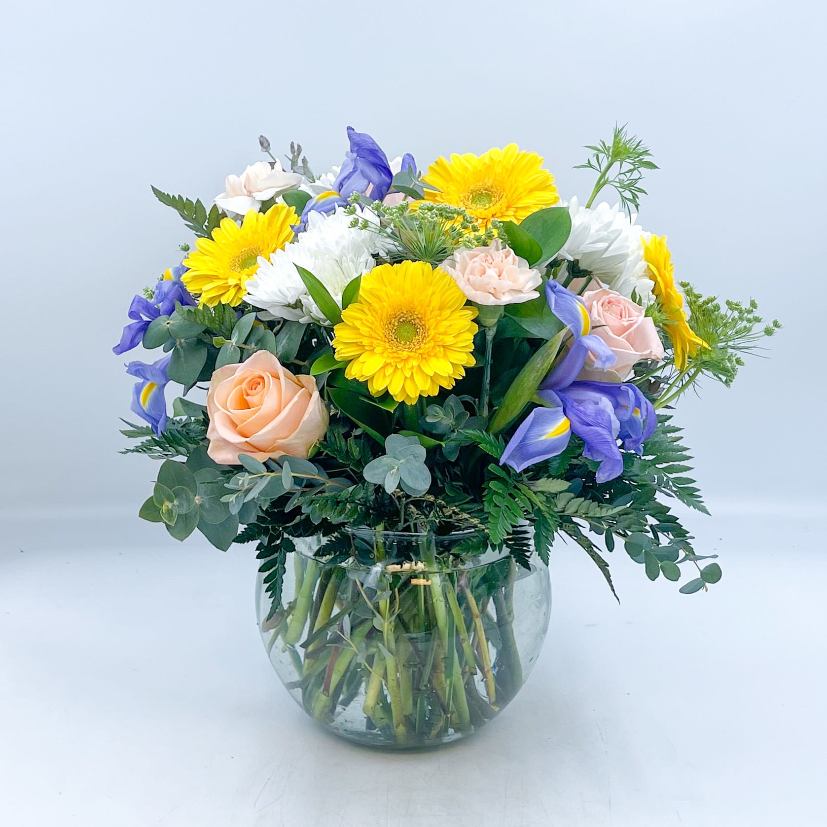 Delilah - Delilah is part of our Collection for Mother’s Day 2022. Delilah includes Yellow Gerber Daisies, Purple Iris, Peach Roses, Peach Carnations, White cushion pom pons, Queen Anne’s Lace, Baker Fern, Mixed Eucalyptus and Israeli Ruscus designed in an 8 inch Bubble Bowl. The Deluxe and Premium sizes feature additional flowers. The Standard size is pictured.