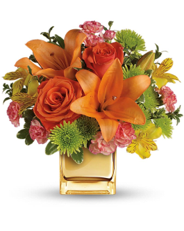 Tropic Glow - Glow for it! Capture the magic of the tropical sunset glow with this gorgeously glowing bouquet. Lush lilies and roses in radiant shades of orange and yellow for that touch of instant glam. Soft orange roses, asiatic lilies and miniature carnations are arranged with yellow alstroemeria and green button spray chrysanthemums. 
