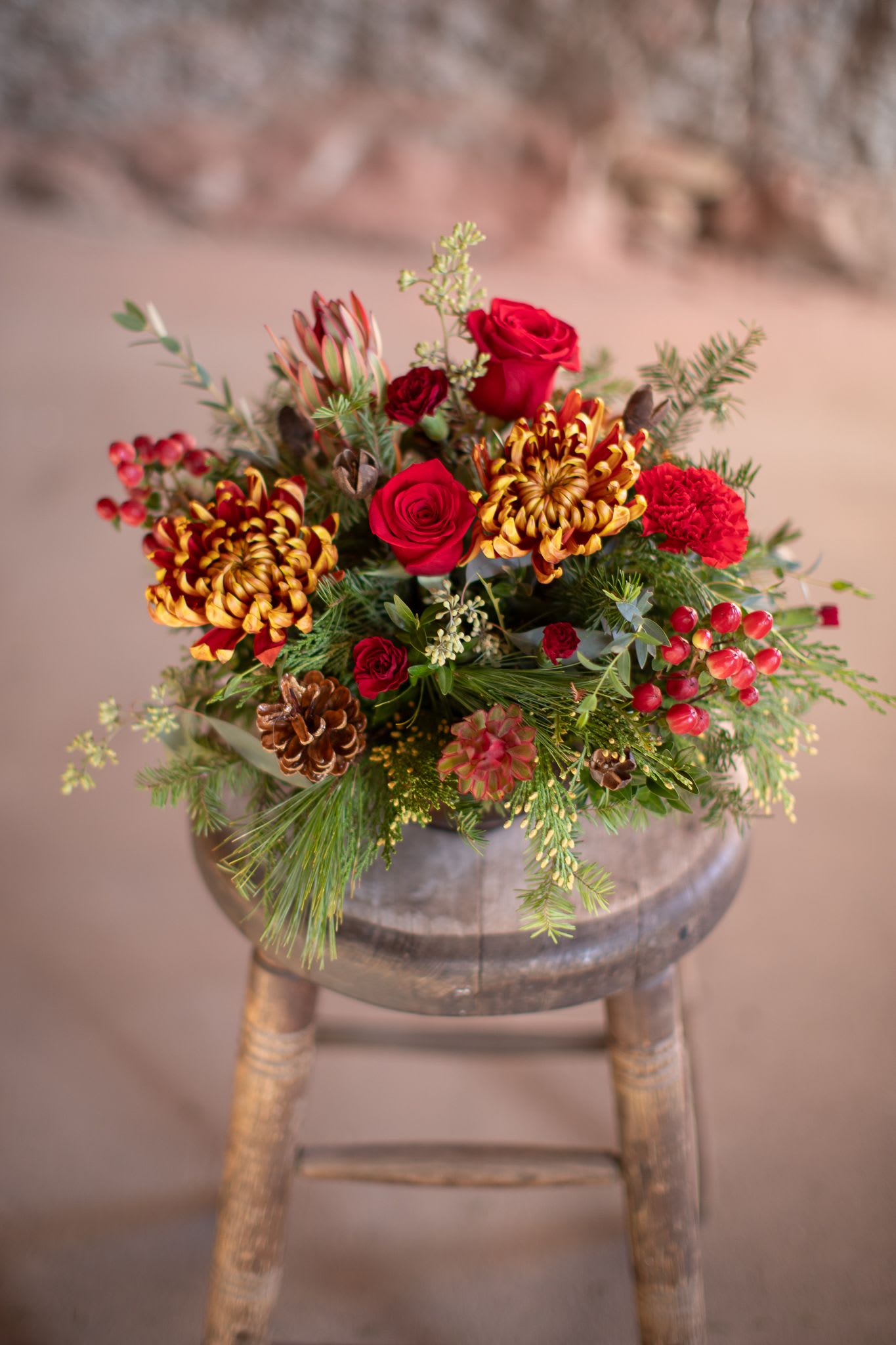 Bronze and Velvet Centerpiece - In the center of this brassy-bronze metal compote style dish is a medley of spicy winter foliage varieties. The allure of their fragrance paired with warm crimson and copper toned flowers are sure to warm the heart this season. Winter greenery may include incense and Port Orford cedar, balsam, noble and Frasier firs and pine. Natural pine cones and bakuli pods add seasonal flair nested in among crimson roses, bronze disbuds, hypericum berries, tropical leucadendron, standard and spray dianthus. This is an all around design is pleasing to the eye from all directions. It's low stature makes this floral arrangement ideal for a festive centerpiece because it isn't tall enough to obstruct the view across the table over it. Upgrading to deluxe or premium will allow the design team to implement more exotic blooms like pin cushion protea, orchids, additional roses. Original design by Kate 