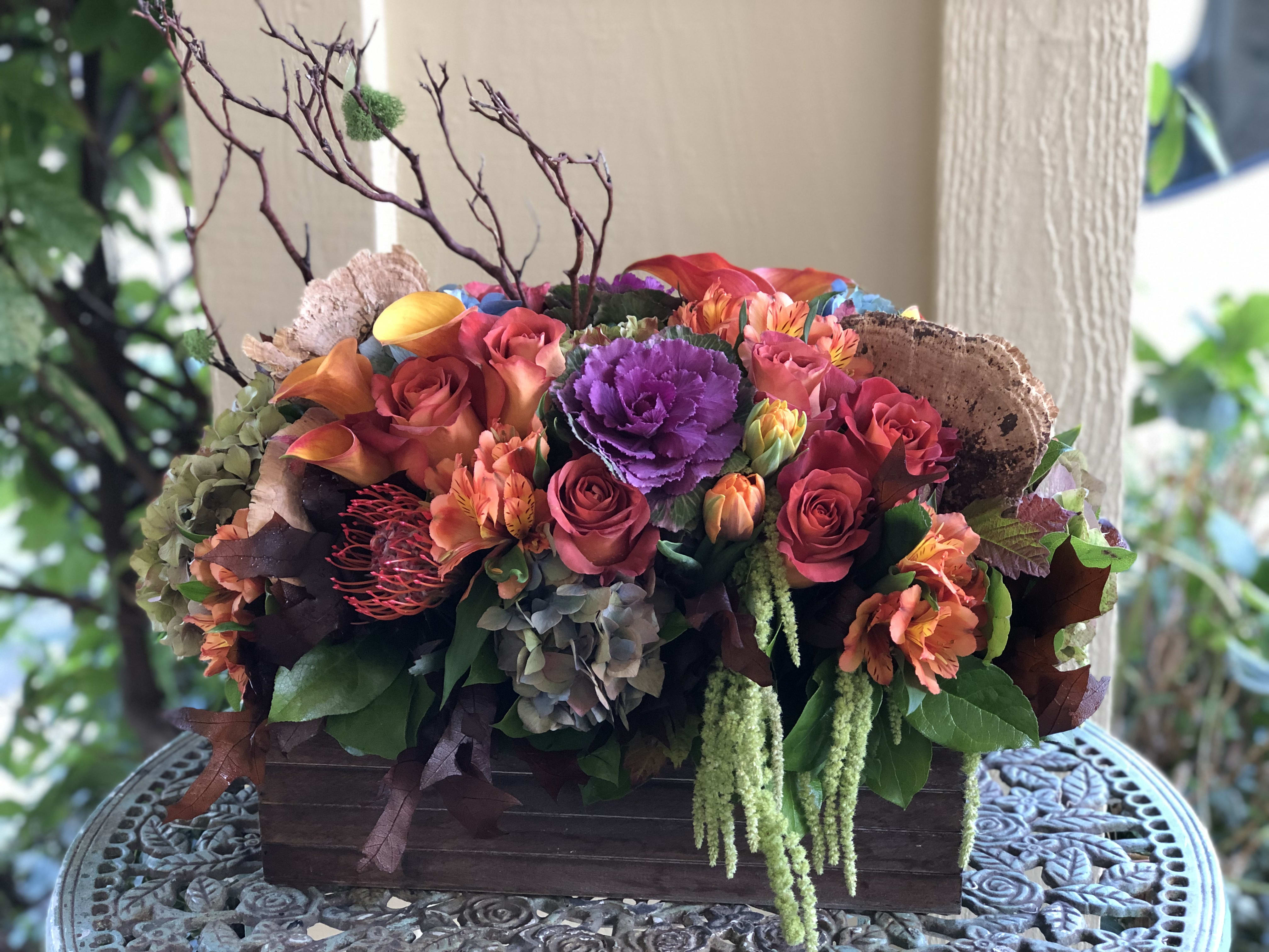 Thankful - Beautiful Fall arrangement with Hydrangeas, Roses, Calla, Tulip, Protea and other seasonal flowers in a rectangular wooden box. ****The photo shown is Deluxe price**** 