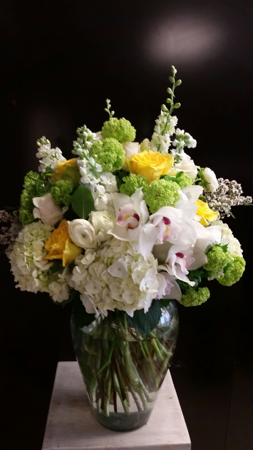 Almost Too Nice - For a special occasion when a &quot;wow&quot; factor is required. Hydrangea, cymbidium, viburnum, snapdragons, Deja Vu roses.