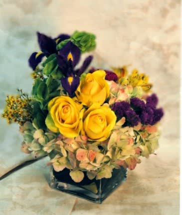 Antique Desktop - Antique hydrangea, bells of Ireland, irises, seafoam statice and yellow Latina roses are ready to liven up even the dullest office.