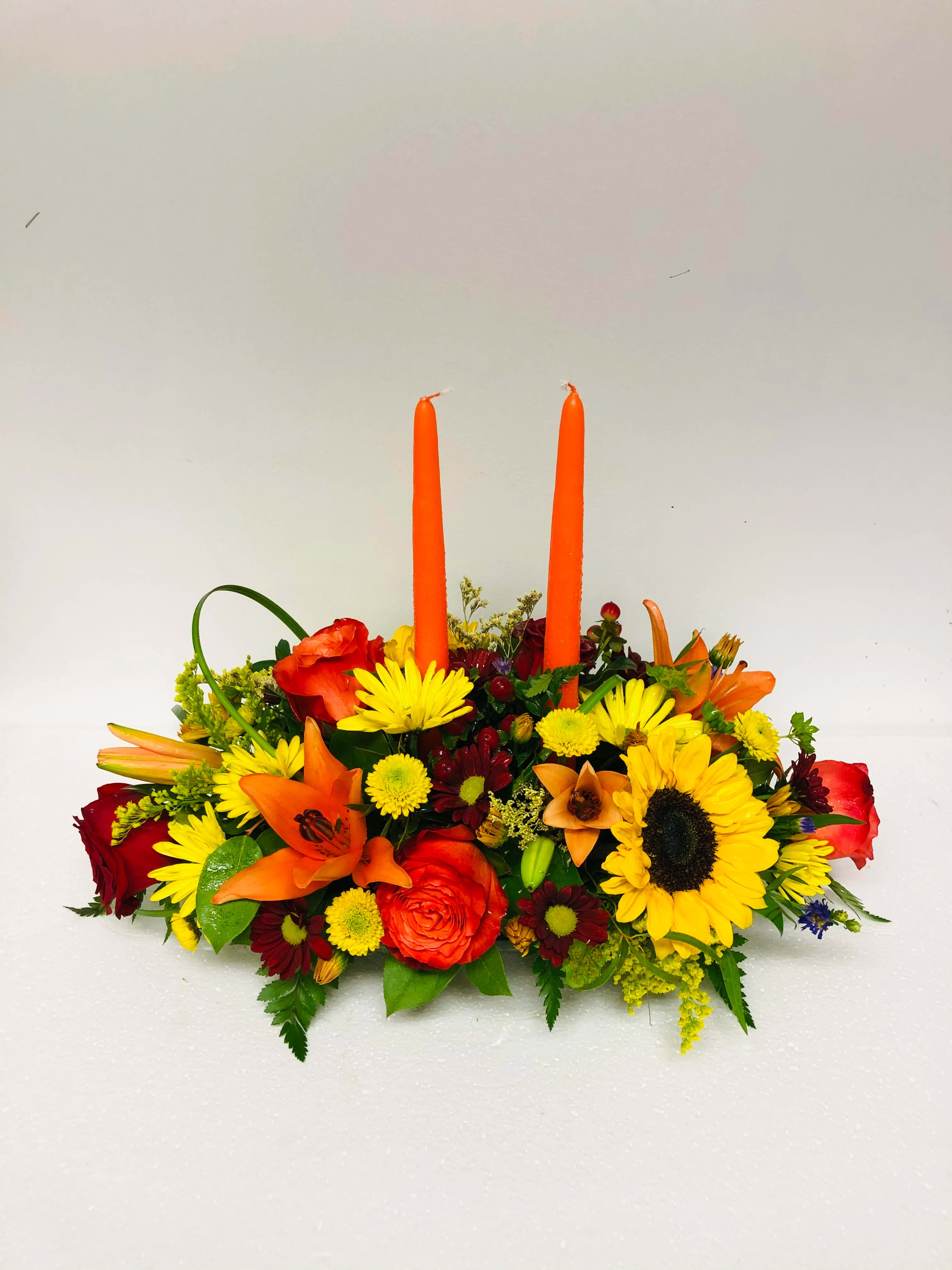 Being Thankful Centerpiece - This is an elegant centerpiece worthy of a Thanksgiving dining table. It is 25&quot; long and the deluxe and premium will have more flowers. 