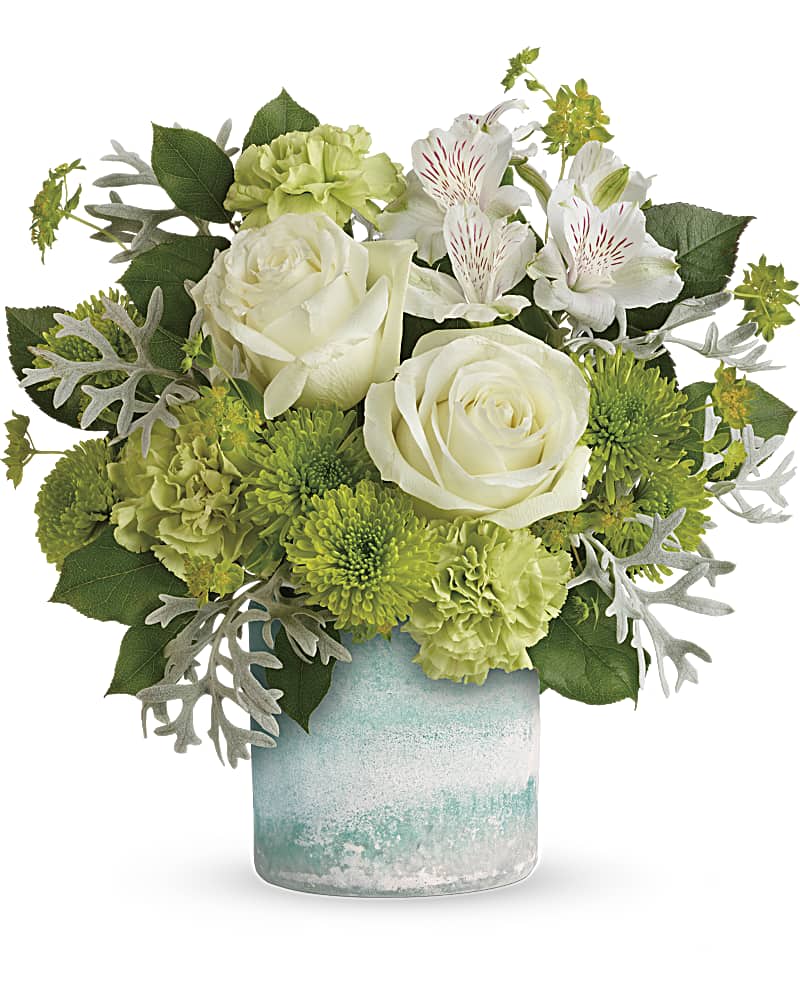 Seaside Roses Bouquet - Reminiscent of a seaside garden, this gorgeous bouquet of white roses and green mums is beautifully presented in a hand-blown art glass vase in shades of ocean blue with fabulous frosted exterior.