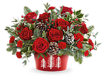 Teleflora's Winter Whimsy Centerpiece - Teleflora's Winter Whimsy Centerpiece brings festive cheer to your table. Red roses, rich evergreens, and frosted pinecones are beautifully arranged in Teleflora's Snowy Pines Dish-perfect for Christmas or winter gatherings. Teleflora's Winter Whimsy Centerpiece includes red roses, red carnations, and red miniature carnations. Accented with parvifolia eucalyptus, variegated holly, noble fir, and frosted pinecones in Teleflora's Snowy Pines Dish Orientation: All-Around 