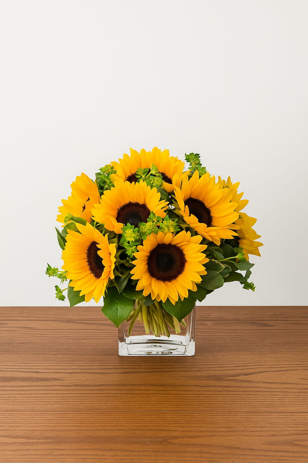 Cube of Sunflowers - Simple and sunny sunflowers! This cheerful cube of sunflowers is sure to put a smile on their face:) Available in 10 or 15 and presented in a glass cube 