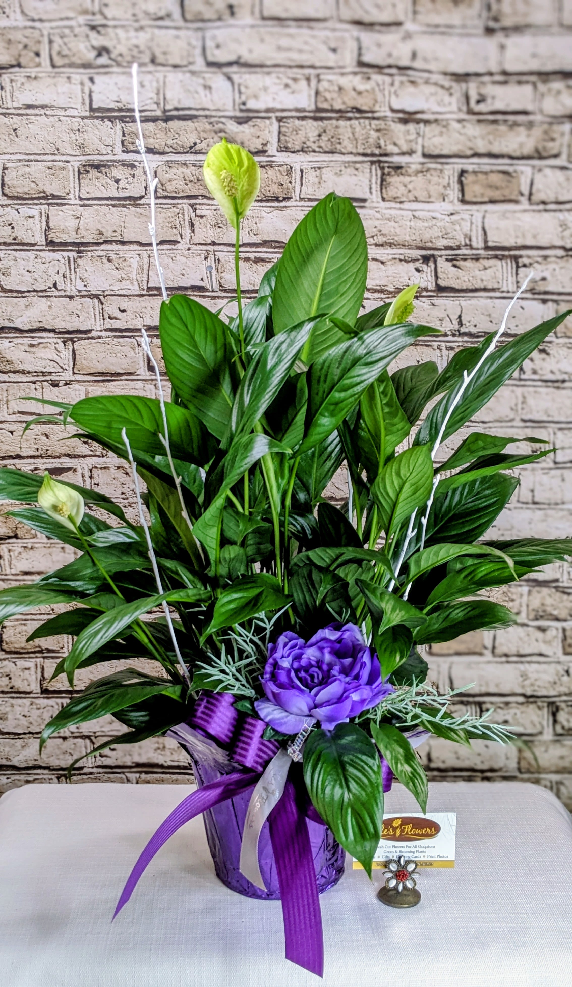 Peace Lily with Purple Botanicals - 6&quot; Planter  - The Peace Lily is a popular, easy-to-care-for houseplant known for its glossy green leaves and elegant white blooms, which symbolize peace and tranquility. Ideal for low to medium light conditions, it also helps purify the air, making it perfect for homes and offices. Peace lilies prefer consistently moist soil but shouldn’t sit in water. They’re a great choice for adding beauty and a calming presence to any indoor space. We incorporate permanent purple botanicals and white birch branches inside the plant for added appeal.  Keep in mind that all parts of the plant are toxic if ingested, so take care around pets and children. Care instructions are provided.  Approximate Dimensions: 25&quot;H x 23&quot;W