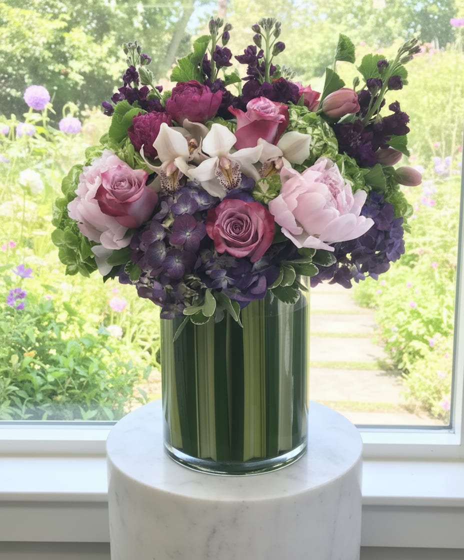 Lavender Garden Romance - A lush and elegant floral design inspired by an English garden in full bloom. Featuring mauve and lavender roses, soft blush peonies, deep plum stock, hydrangea, and exotic cymbidium orchids, this arrangement blends luxurious texture with naturally flowing movement. Designed in a tall glass vase lined with fresh foliage for a polished, modern finish, it brings the beauty of an outdoor garden indoors.  Perfect for birthdays, anniversaries, thank-you gifts, or as a statement piece for the home — refined, fragrant, and irresistibly romantic.
