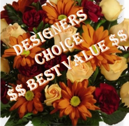 Fall Designers Choice 50 - Designers Choice sure to get you in the seasonal mood. A best selling bouquet for good reason! In an attempt to get you the freshest bouquet possible, this arrangement includes a variety of fall flowers and colors. A bouquet guaranteed to stand out. Whether it be for an event, birthday or a get well, they are a perfect gift for any occasion.  Arranged in a vase of our choice to complement your design, this glorious custom design is ready to take your recipient's breath away with the originality in design!  Designers choice products are not created to match the image listed here - the image is an example only. 