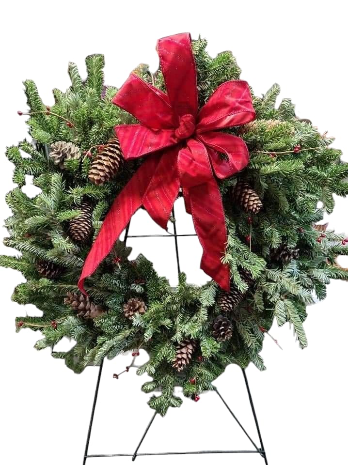 Fresh Wreaths - Discover a beautifully crafted 18&quot; fresh pine greens wreath, specially designed by our skilled artisans just for you.Choose from standard which includes a bow of choice and pinecones, deluxe which includes a bow, pinecones and some ornaments or balls, or deluxe which includes a bow, pinecones, ornaments and some festive holiday decor! Don't forget to specify your preferred colors or themes in the notes section. You can select from a variety of styles, including traditional Christmas, whimsical, natural, country, or elegant, etc.