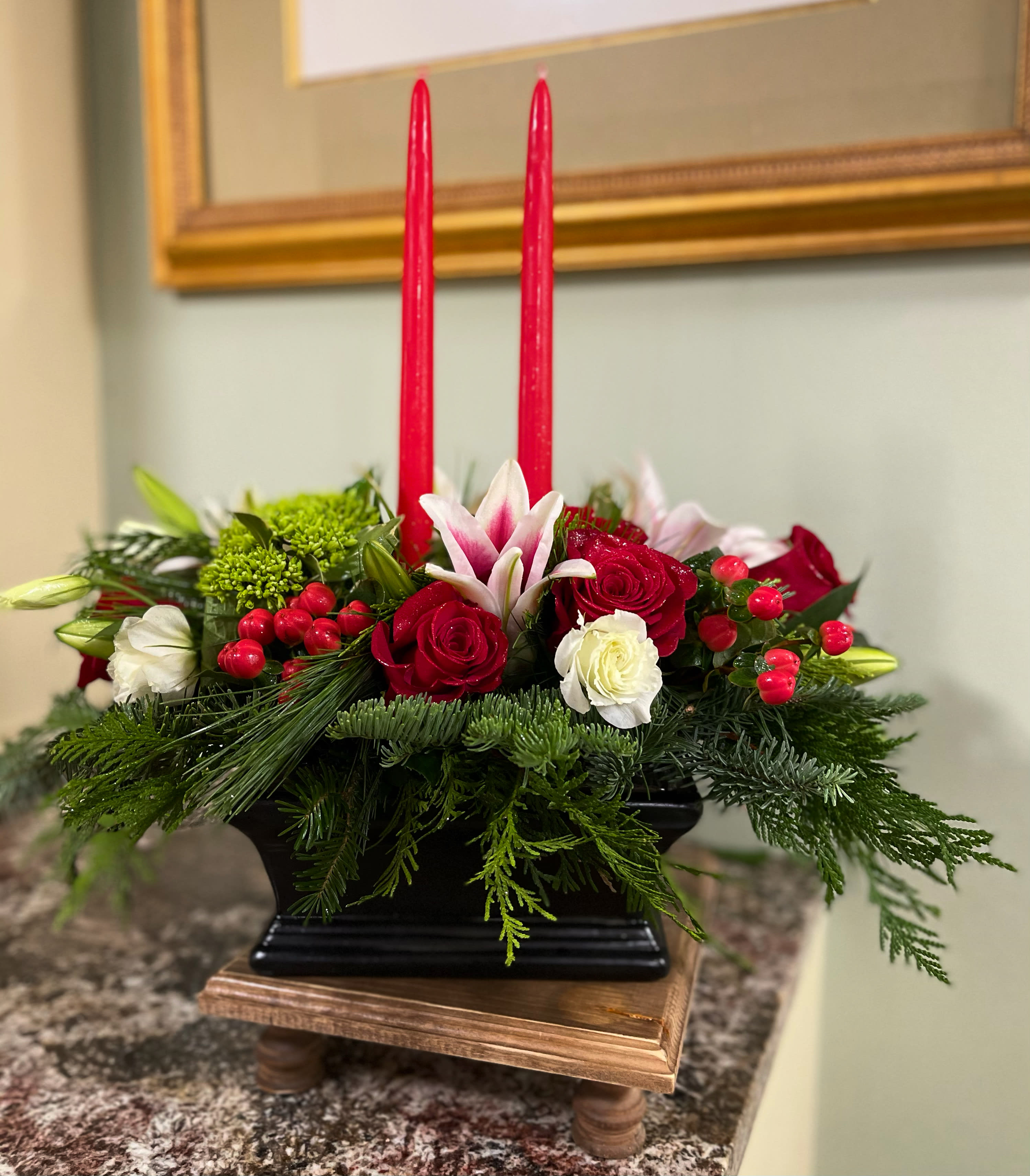 Deluxe Holiday Centerpiece - This holiday centerpiece created in beautiful keepsake container will add the holiday colors and scents to every table.  