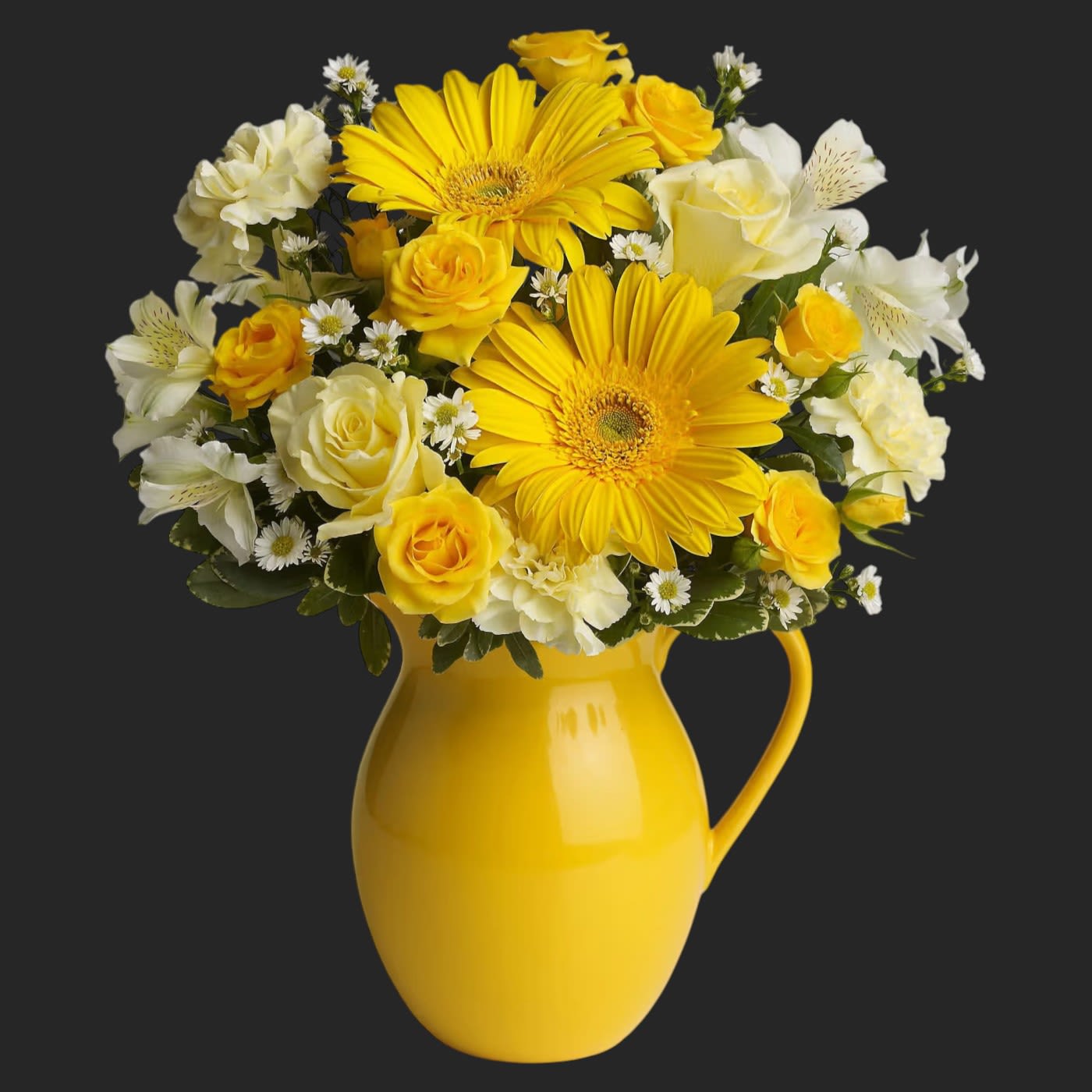 Teleflora's Sunny Day Pitcher of Cheer - This bouquet is just bright for any occasion! A bright and sunny medley of flowers is hand-delivered in a brilliant ceramic pitcher that can be joyfully used over and over again.  