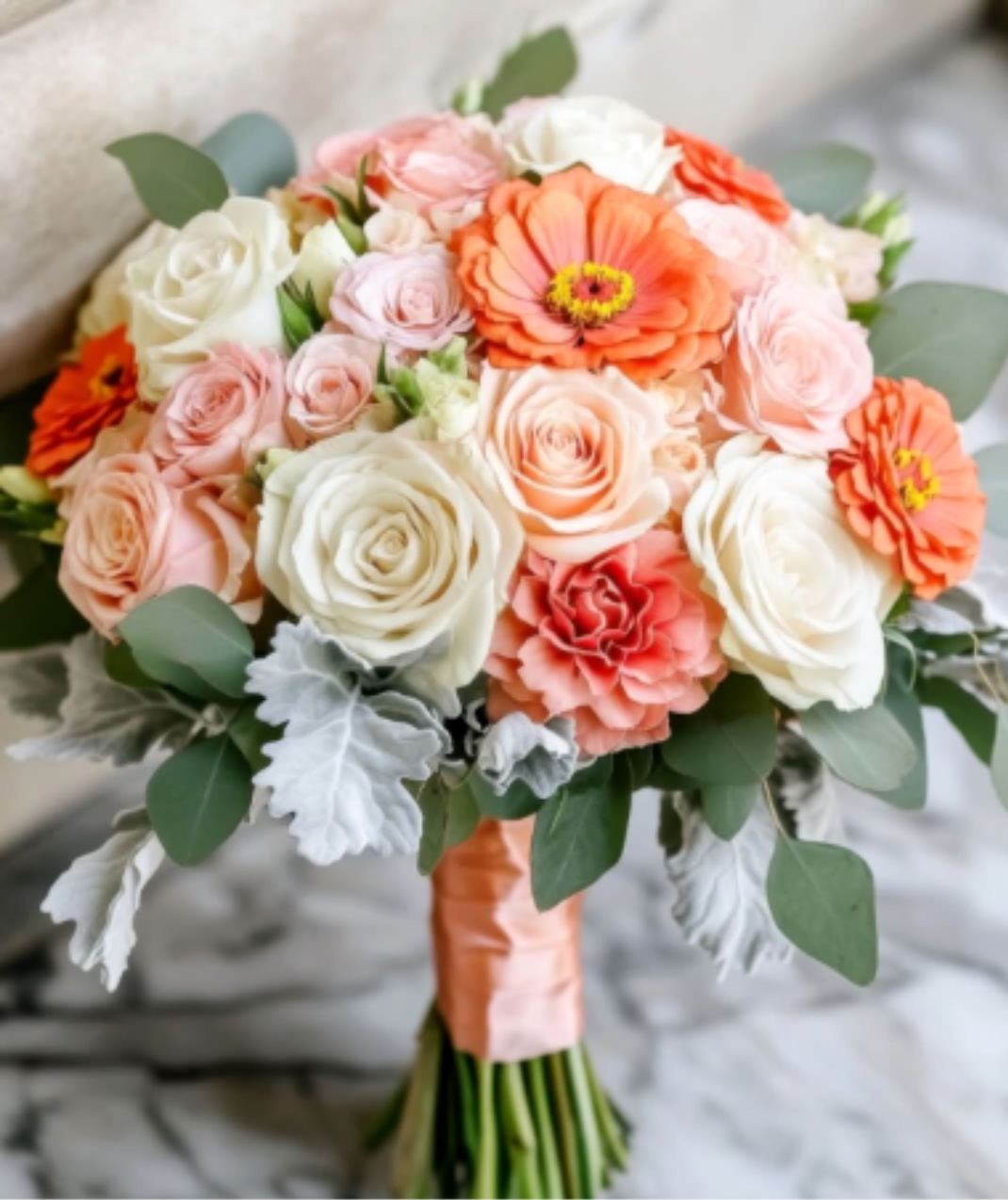 Peach Dream - This bridal bouquet features hues of peachs, pinks and whites. Truly elegant addition to any wedding or event!