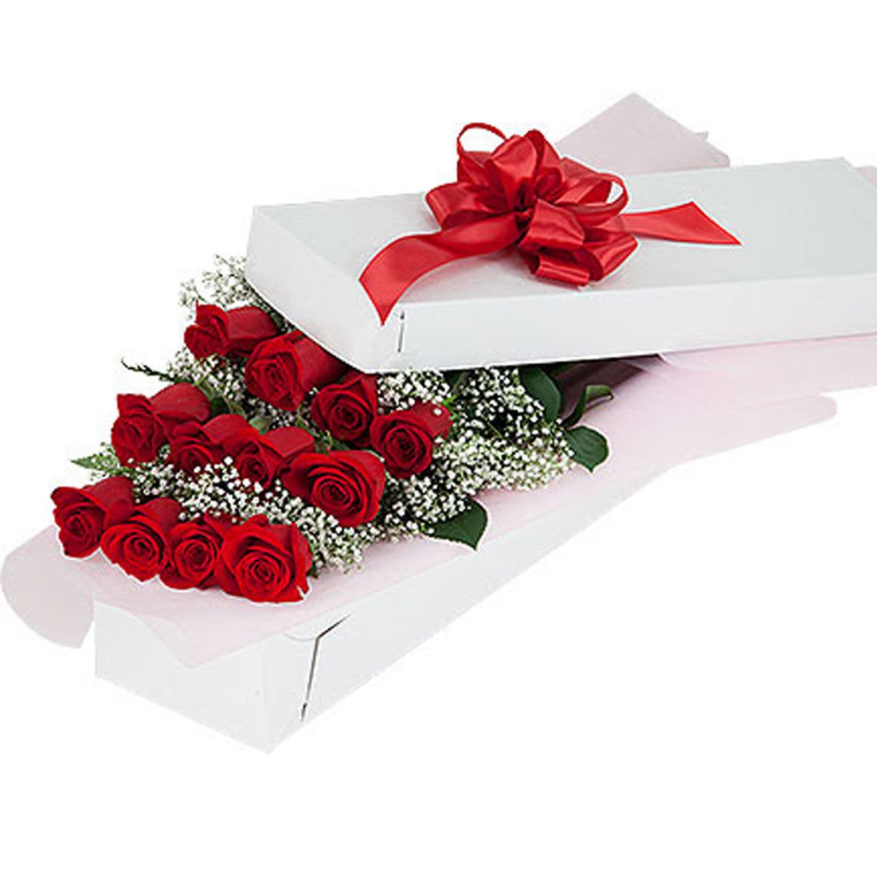 Red Roses Boxed - Red Roses Boxed featuring Long-stemmed red roses elegantly presented in a white rose box. We use only the finest roses available to ensure a spectacular presentation. This version features generous amounts of baby's breath to make an even grander impression.
