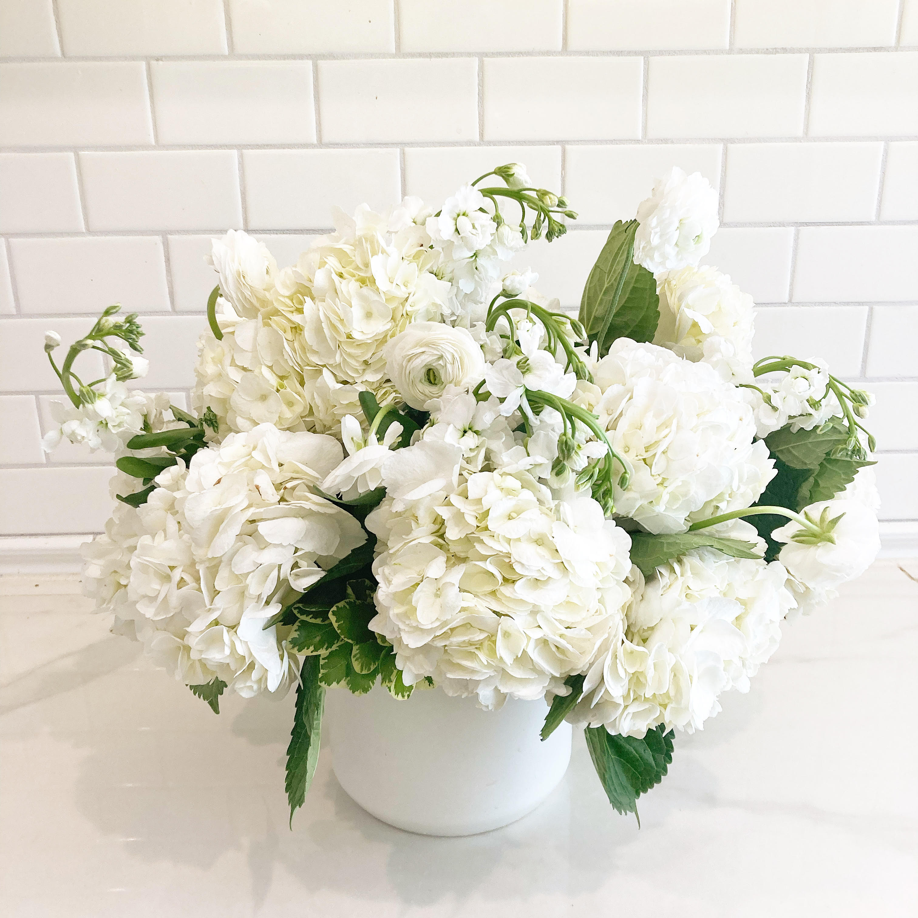 The Priscilla  - A lush, all-white arrangement featuring designer white hydrangeas, delicate white stock, and pristine white ranunculus—perfect for lovers of minimalistic, classic, or modern style. Displayed in a sleek, understated white ceramic vase, it exudes timeless elegance.