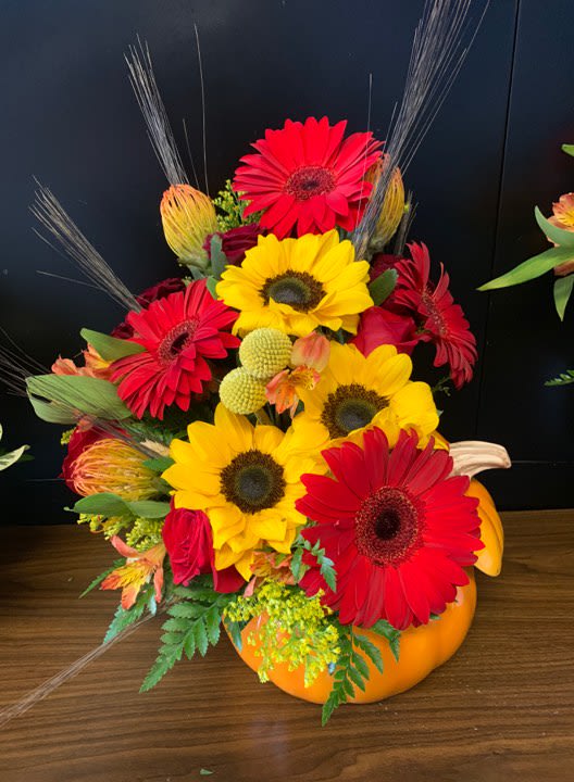 &quot;The Great Pumpkin Patch&quot; Bouquet - This fabulous fall arrangement is sure to be a GREAT hit and is designed in a lovely ceramic pumpkin dish that comes with lid and can be used as a candy dish for many Fall seasons to come. 