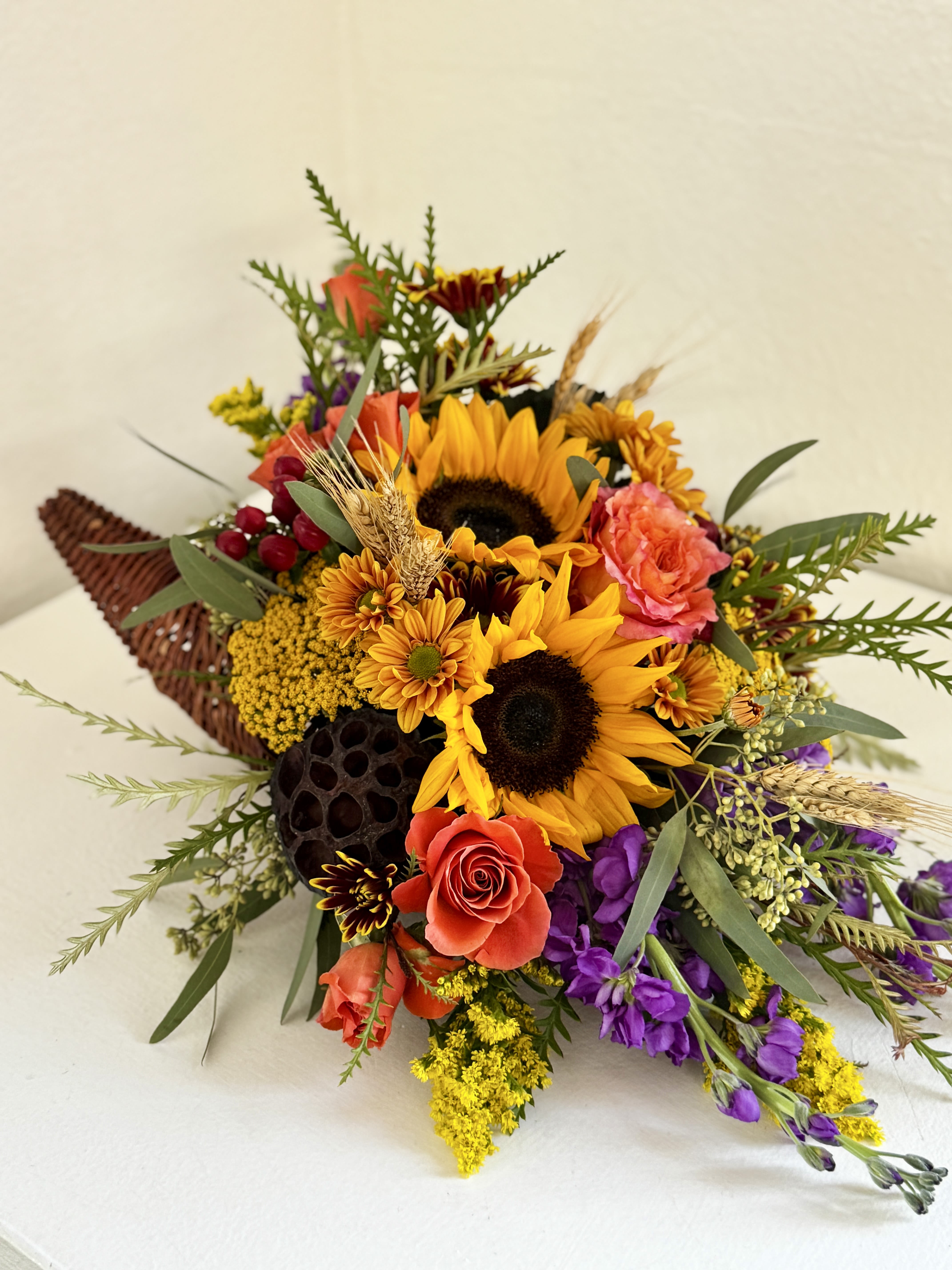 Horn of Plenty Cornucopia  - Sunny, rustic, and full of fall abundance this traditional style cornucopia is the perfect plus one to your holiday gathering!