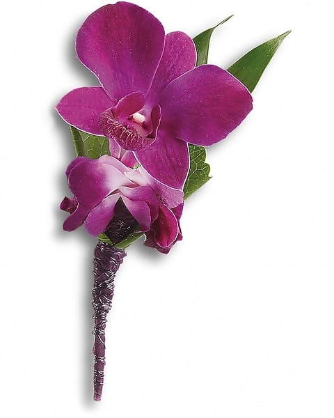 Perfect Purple Orchid Boutonniere - An exotic pick with confidence and style. Purple dendrobium orchids, Italian ruscus and a galax leaf bundled in a purple satin ribbon.