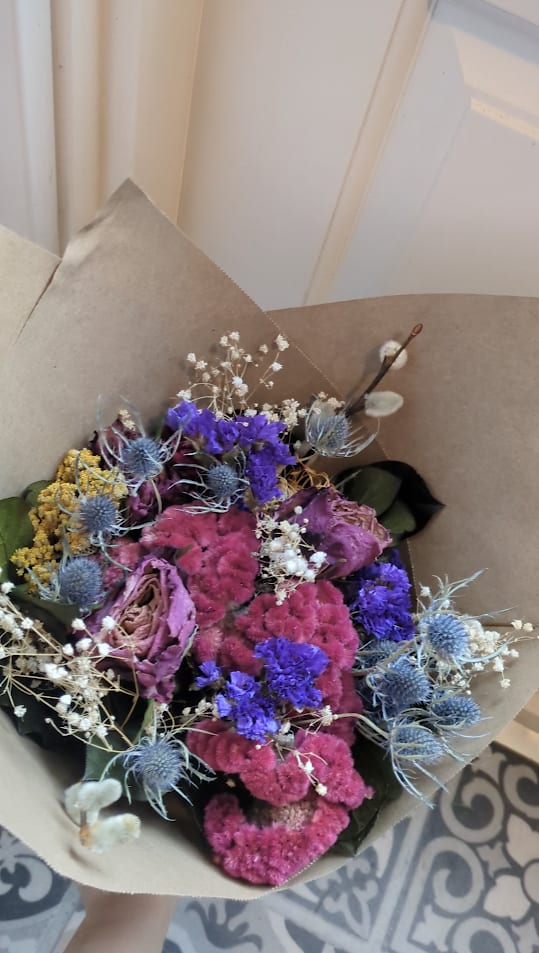 Celosia Rose Dried Bouquet - Roses Yarrow Pussywillow Celosia Thistle Statice Babies Breath