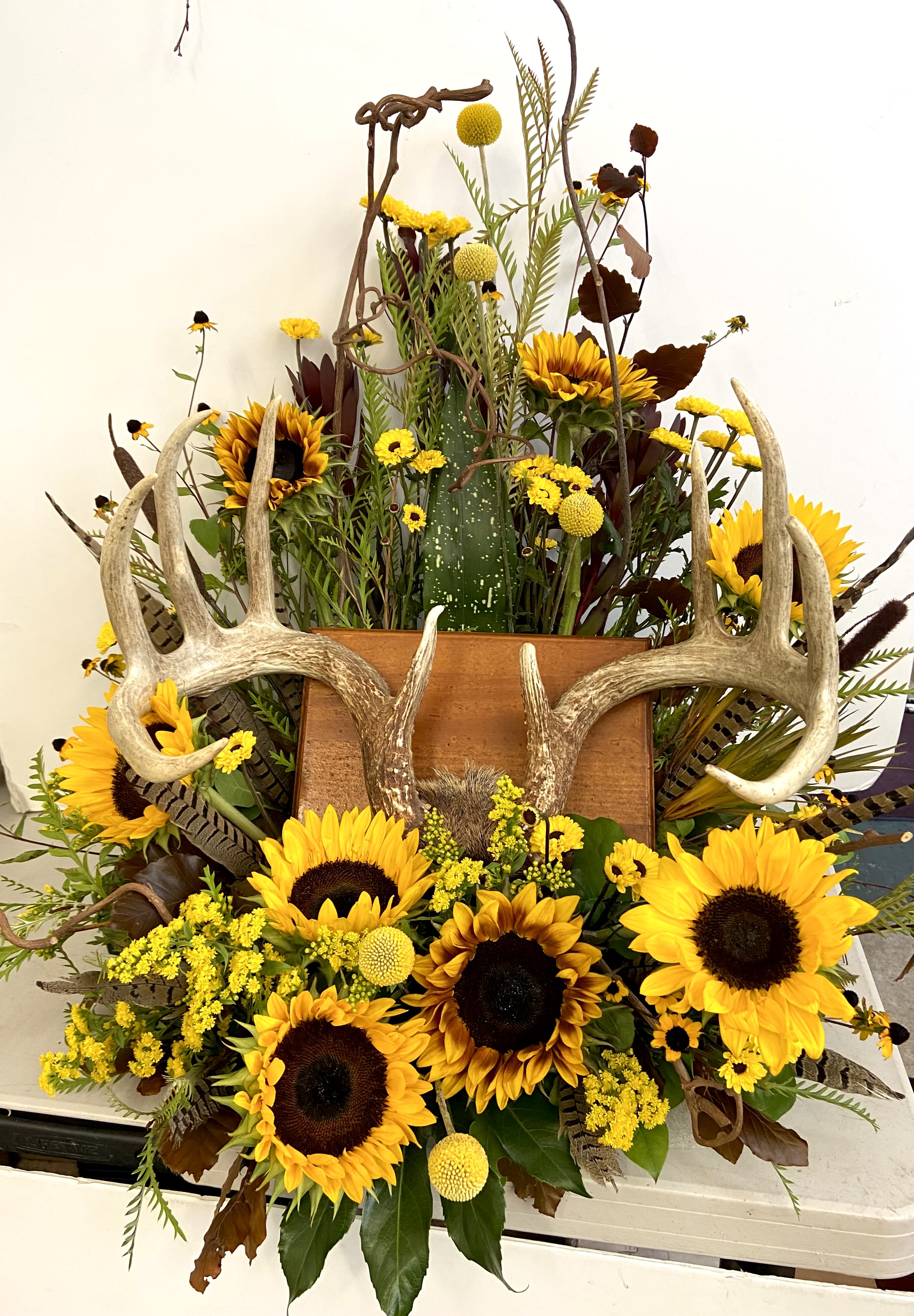 Outdoor Antler Memorial - Sunflowers, natural grevellia, vyking mums, cattails and craspedia with pheasant feathers and kiwi branches. Customer provided this deer rack. 