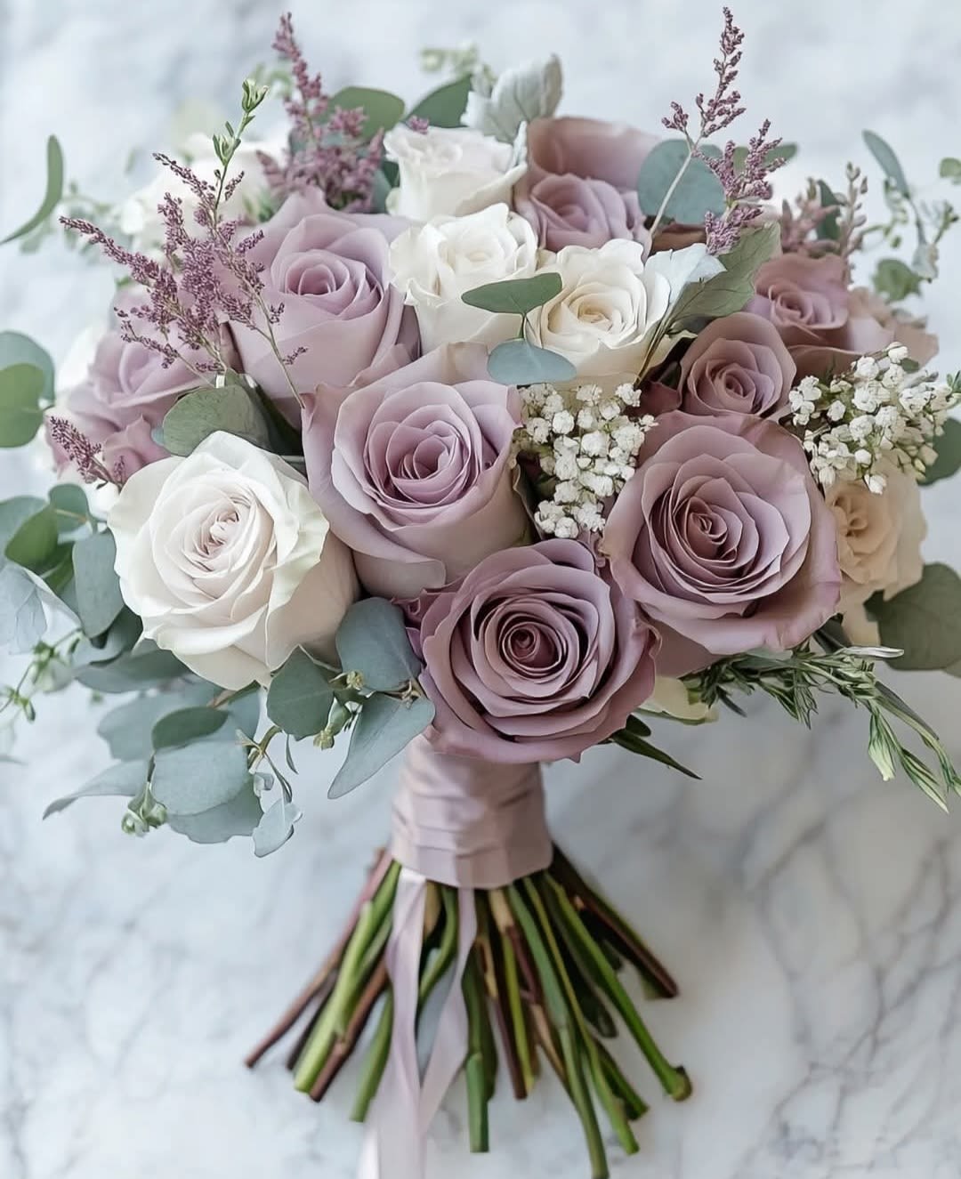 Lavender bride - This bridal bouguet features lavender and white rose with a touch of babys breath and limonium