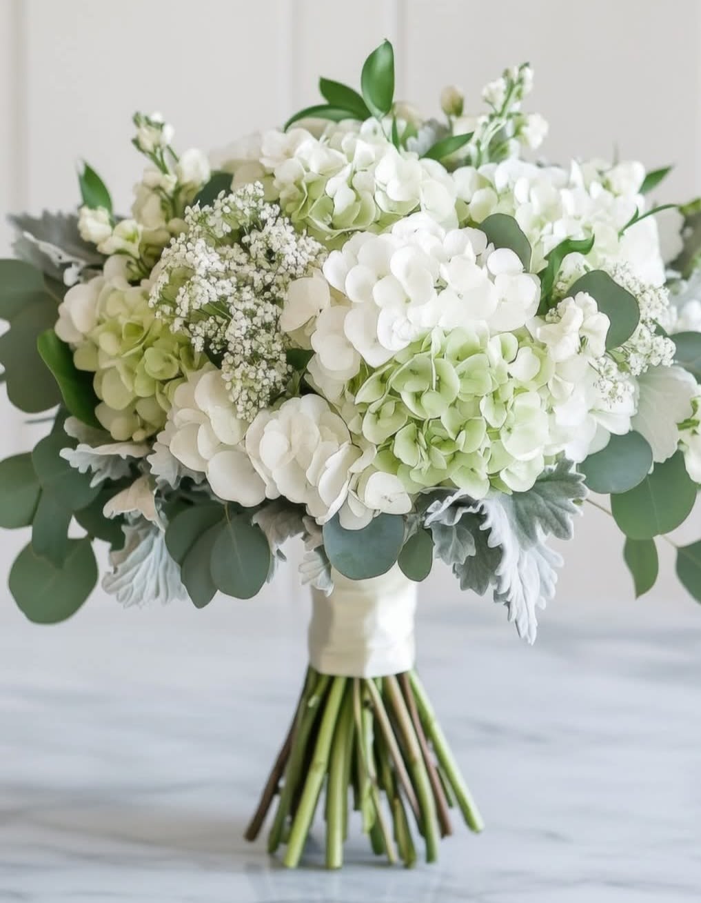 Bridal in greens - This bridal bouquet feautures white and green hydrangea.