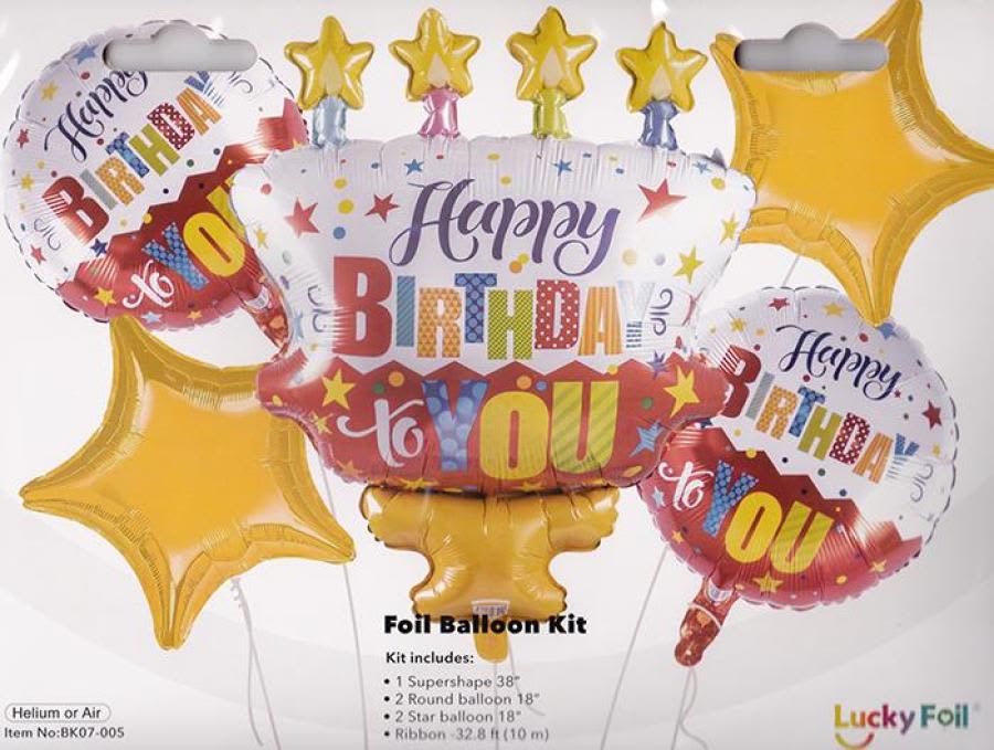 Happy Birthday Balloon Set Red/White (comes on a weight) - Happy Birthday Balloon set containing one jumbo and four 18&quot; mylar balloons tied together on a weight. The deluxe version comes with an additional 3 latex balloons.