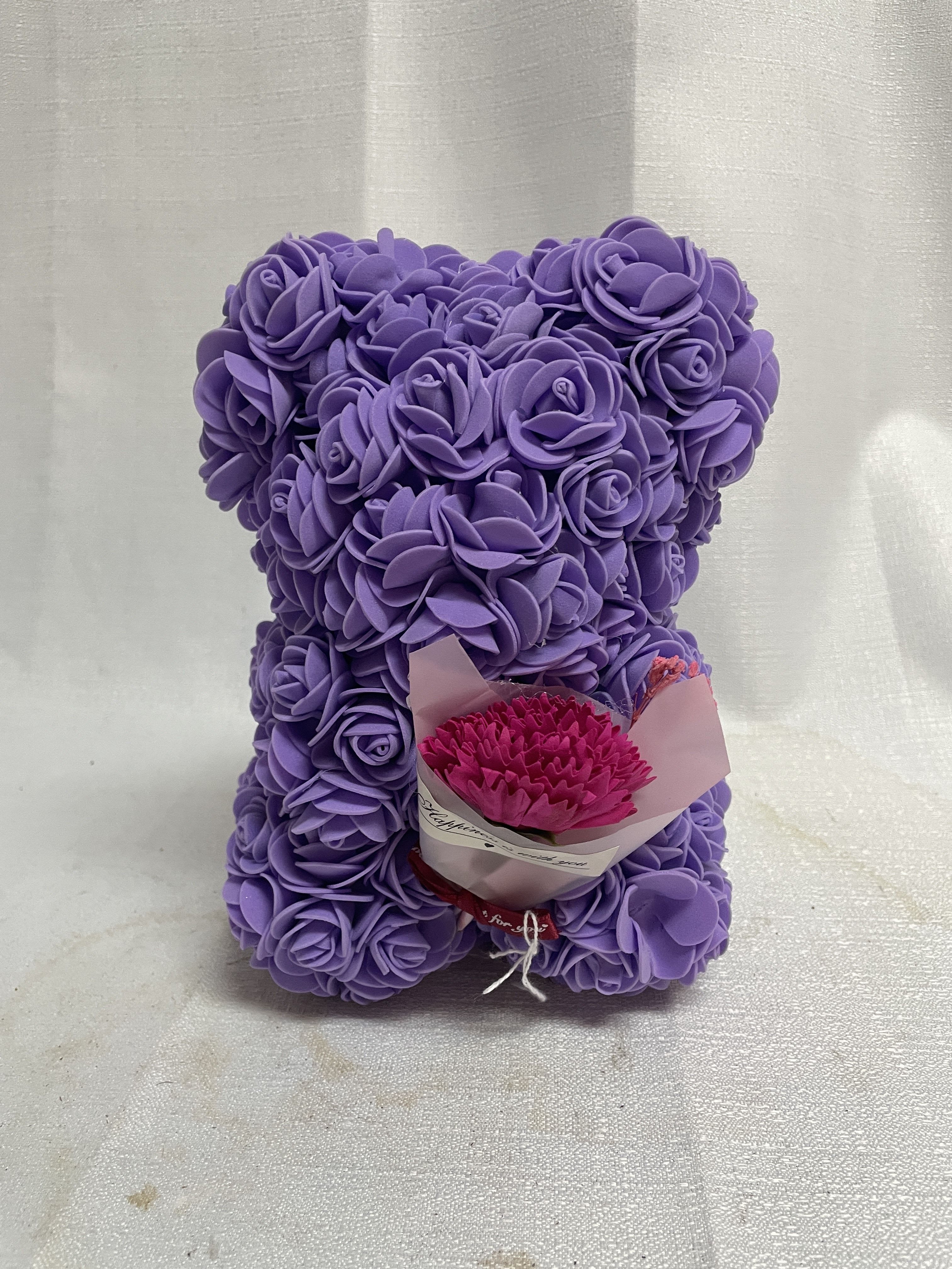 Purple Faux Rose Bear - Bear made of purple faux roses.