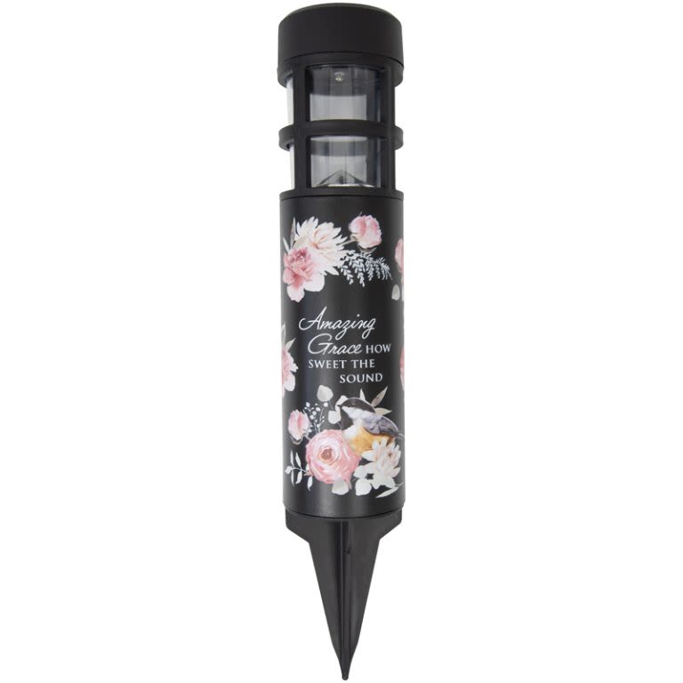 AMAZING GRACE SOLAR STAKE - Our Memorial Solar Stake lights come with the stake tucked inside them for ease of shipping. Made of high quality poly-resing, the LED solar light remains on up to 8 hours with a full charge. Weather friendly  H: 15.5&quot; DIA: 2.75&quot;