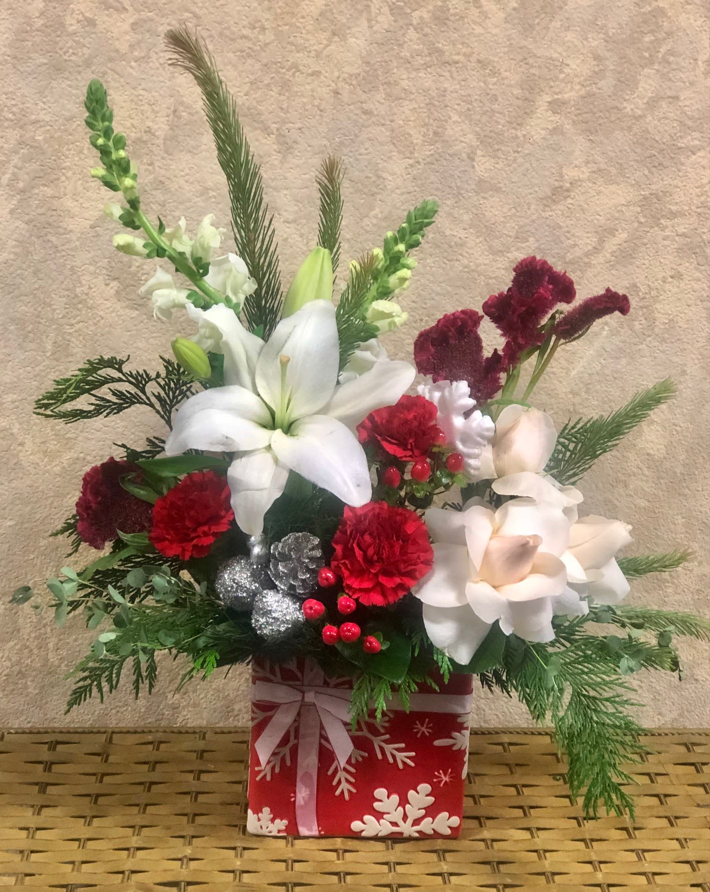 All I want For Christmas Is You - Type Of Flowers: Amaranthus, Carnations, White Roses, Snap Dragons, Silver Ornament, Tiger Lilies. *Limited Edition* 