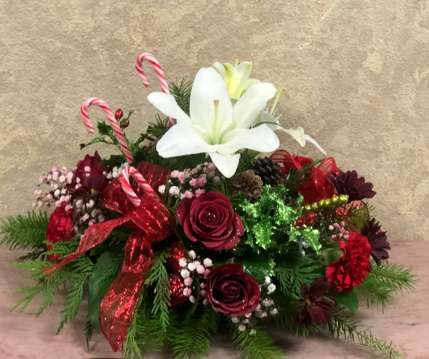Driving Home For Christmas - Type Of Flowers: Roses, White Lilies, Carnations, and Daisies. 
