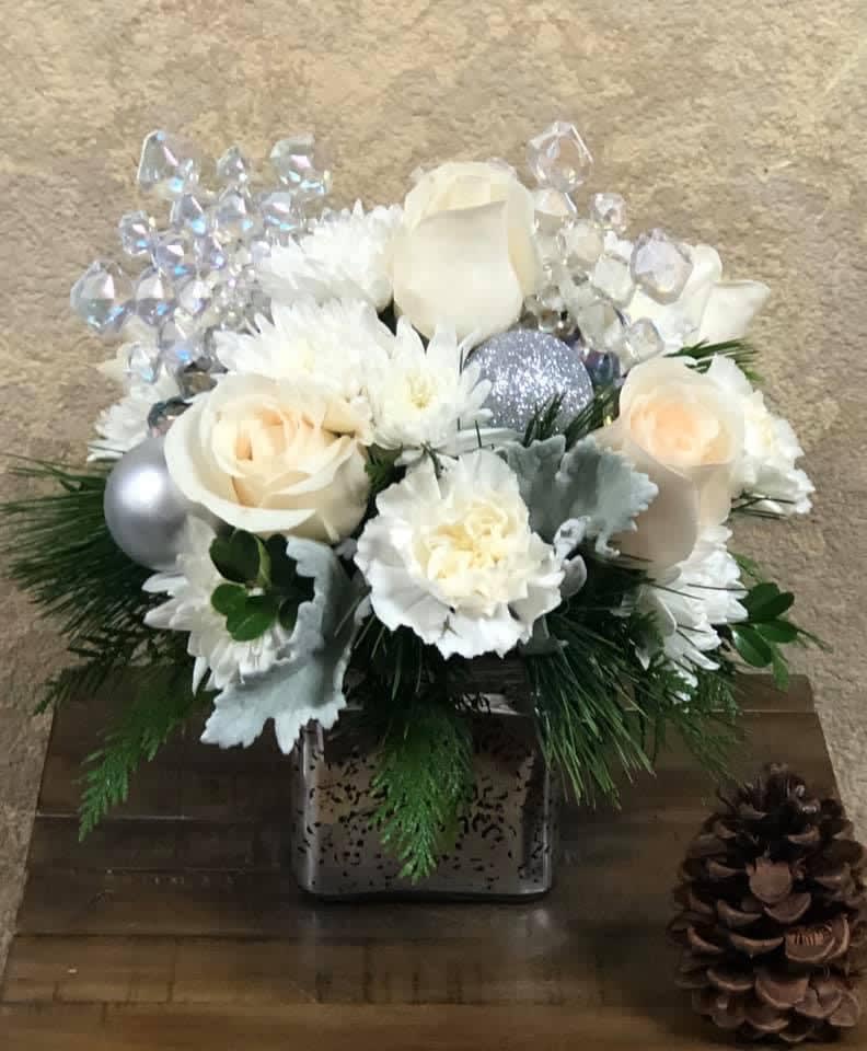 Be Your Own Snowflake - Recipe: White Rises, Carnations, Ornaments, Cushions mums in a silver Vase with snowflake ornaments. Orientation: Front Facing View Seasonal: Winter Photo shown: Standard 