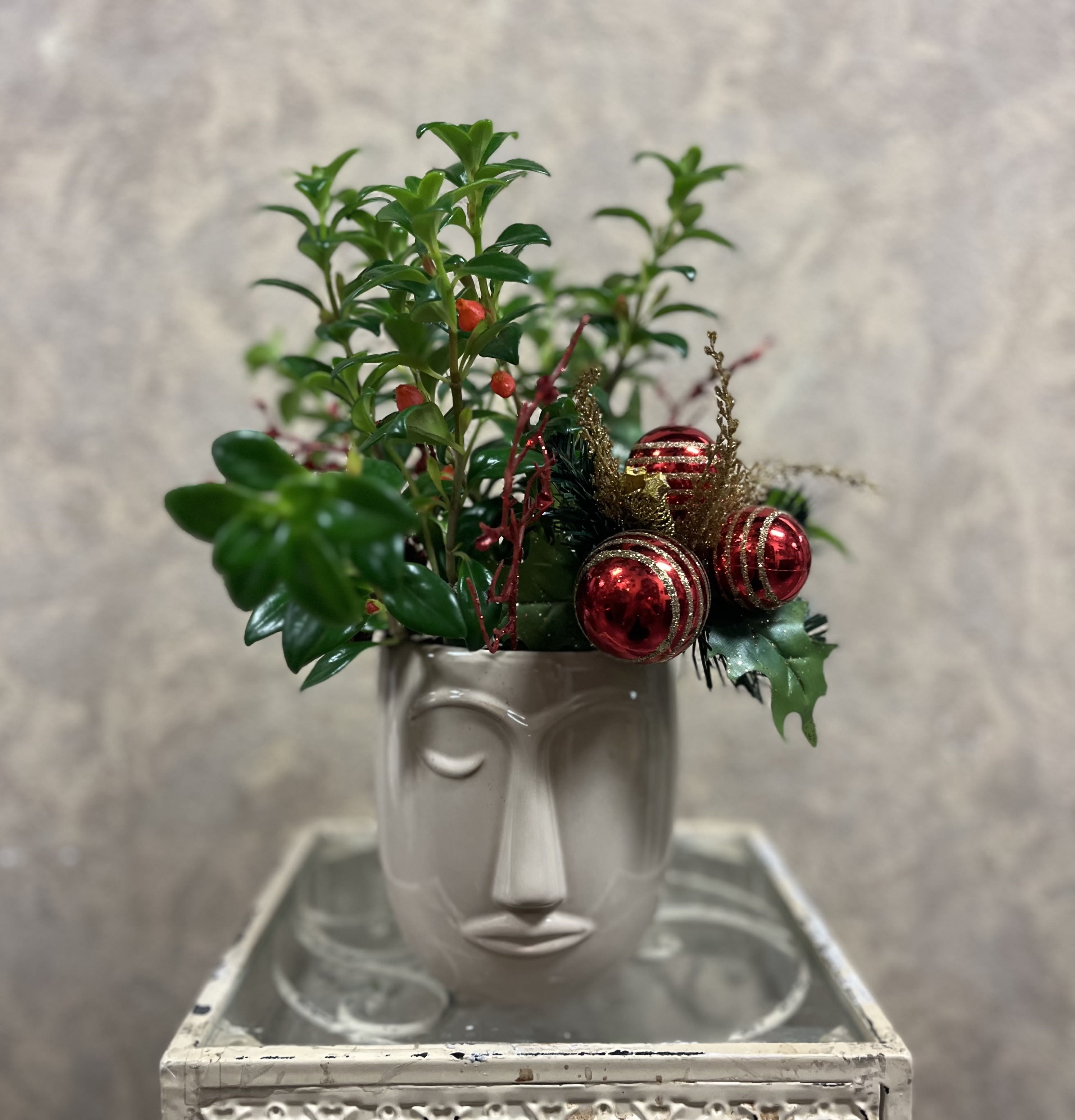 Holiday Goldfish plant with Ornaments - Recipe: Goldfish plant with Holiday ornaments in an abstract face vase. Availability: All year round Design View: Symmetric Front Facing View Photo shown: Standard 
