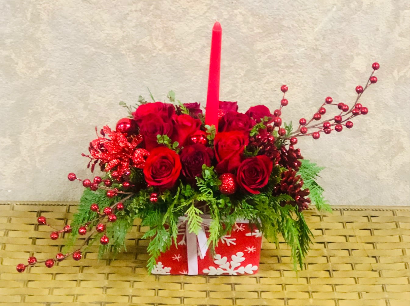 The Christmas We Love The Best - Type Of Flowers: Red Roses, Red Ornament Berries, and a Christmas Vase. *Special Edition* *Only 12 Available*