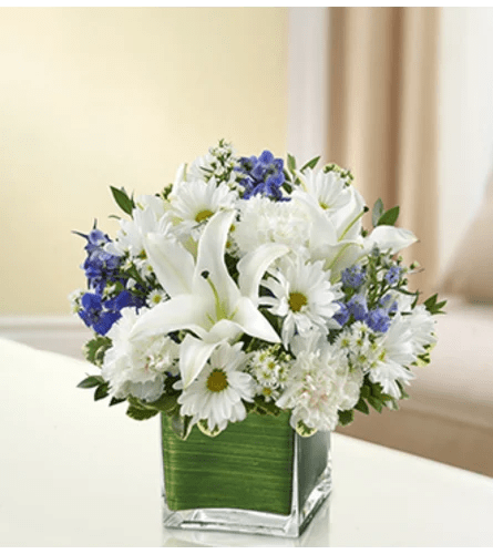 In my Thoughts - Blue and White - Send your deepest care and concern during times of sorrow with our precious blue and white sympathy arrangement. The freshest roses, delphinium, lilies, daisy poms and carnations are hand-designed in a stunning cube vase as a gesture of comfort and peace. Elegant blue and white arrangement of roses, delphinium, lilies, daisy poms, carnations and monte casino, accented with variegated pittosporum and myrtle Artistically designed by our florists in a classic clear glass cube vase lined with a Ti leaf ribbon; vase measures 5&quot;H x 5&quot;D Appropriate for the service or for sending to the home or office of friends and family members Large arrangement measures approximately 11&quot;H x 11&quot;L Medium arrangement measures approximately 10&quot;H x 10&quot;L Small arrangement does not include roses and measures approximately 9&quot;H x 9&quot;L Our florists hand-design each arrangement, so colors, varieties, and container may vary due to local availability Lilies may arrive in bud form and will open to full beauty over the next 2-3 days Please note container may vary.