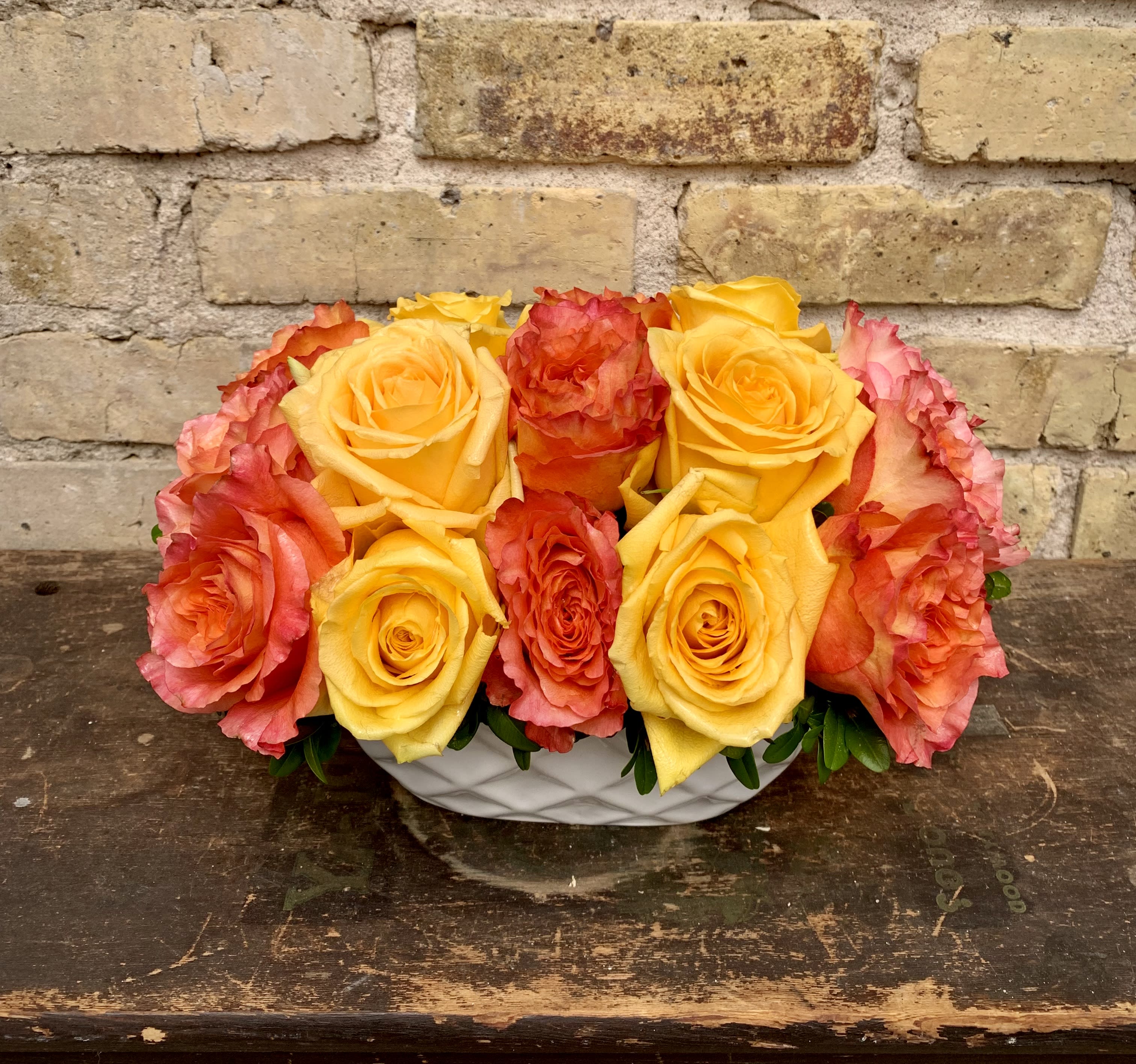 Peaches and Cream - A Lovely Assortment of Roses Tightly Arranged  in a  White Ceramic Container. Great for a Centerpiece or Anywhere You Want Something Beautiful ! (Some rose colors may vary depending on availability)