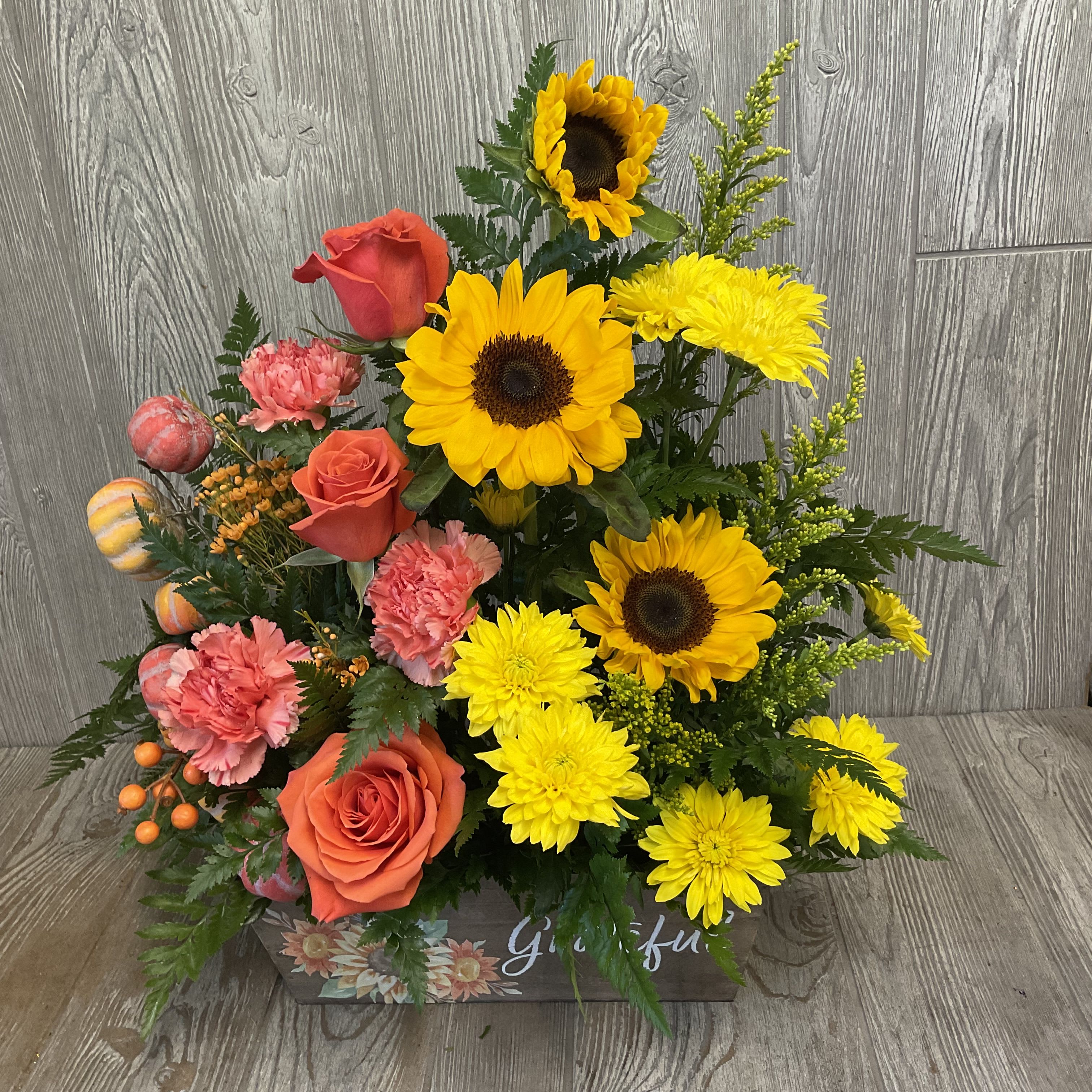 Grateful - Decorative wooden box, with fall-colored flowers, flowers may vary. 