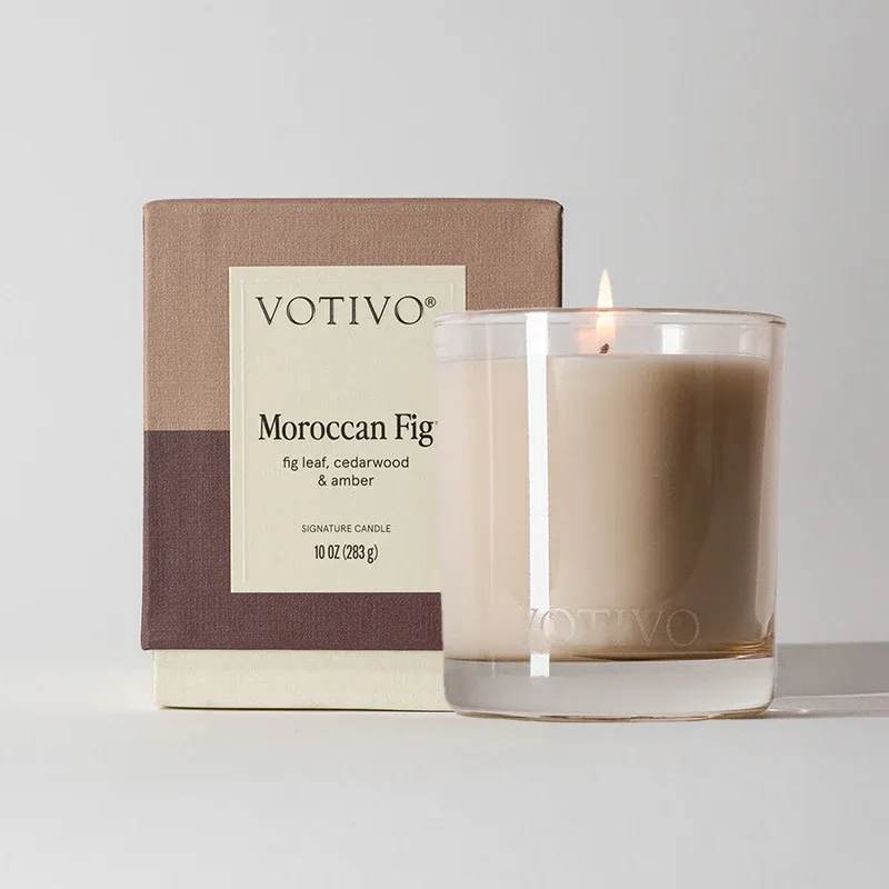 Moroccan Fig Votivo 10 oz. Signature Candle - Volume: 10 oz. Burn Time: up to 80 hours Product Size: 4.0&quot; x 3.2&quot; x 3.5&quot; Package Weight: 1.85 lbs. - One-of-a-kind fragrance - Soy Blend Wax - Paper &amp; Cotton Wicks - Paraben, Phthalate &amp; Formaldehyde Free  Use &amp; Care All candles deserve a little TLC. Make the most out of every burn with these candle care steps. Snip Snip. Each time you light your candle, make sure to trim your wick to 1/4&quot; first. This will ensure a clean, even burn every time! Bonus, it helps to reduce soot on the glass. Light it up. After you light your candle, let it burn until the wax pools to the edges (especially on the very first burn). Cool + Rest. When you're ready, extinguish the flame and let your candle completely cool before the next burn. The Last Burn. Once your candle has only 1/2&quot; of wax left, it's time for a new one. Continuing to burn with less than 1/2&quot; of wax can be really dangerous (the candle could shatter or catch fire).  WARNING Burn within sight. Keep away from things that catch fire. Keep away from children. To prevent fire, place only on heat resistant surfaces. Avoid drafts. Avoid cold surfaces such as glass or marble. Keep foreign matter and wick trimmings out of candle.
