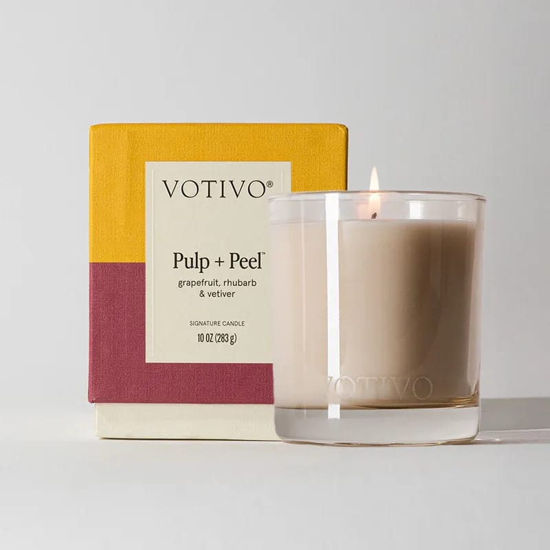 Pulp + Peel Votivo 10 oz. Signature Candle - Smells like citrus rinds and rhubarb. Feels like low lights, late nights and last call.  Top Notes: Fig, Rhubarb, Grapefruit Middle Notes: Cassis, Cedarwood Base Notes: Vetiver, Raspberry  Volume: 10 oz. Burn Time: up to 80 hours Product Size: 4.0" x 3.2" x 3.5" Package Weight: 1.85 lbs.  - One-of-a-kind fragrance - Soy Blend Wax - Paper &amp; Cotton Wicks - Paraben, Phthalate &amp; Formaldehyde Free